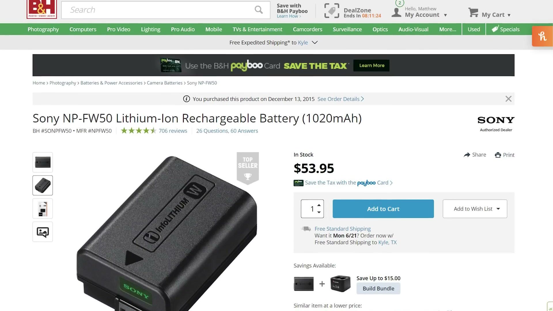 B and H product page for the Sony NP-FW50 Lithium-Ion rechargeable battery, 1020mAh, priced at $53.95