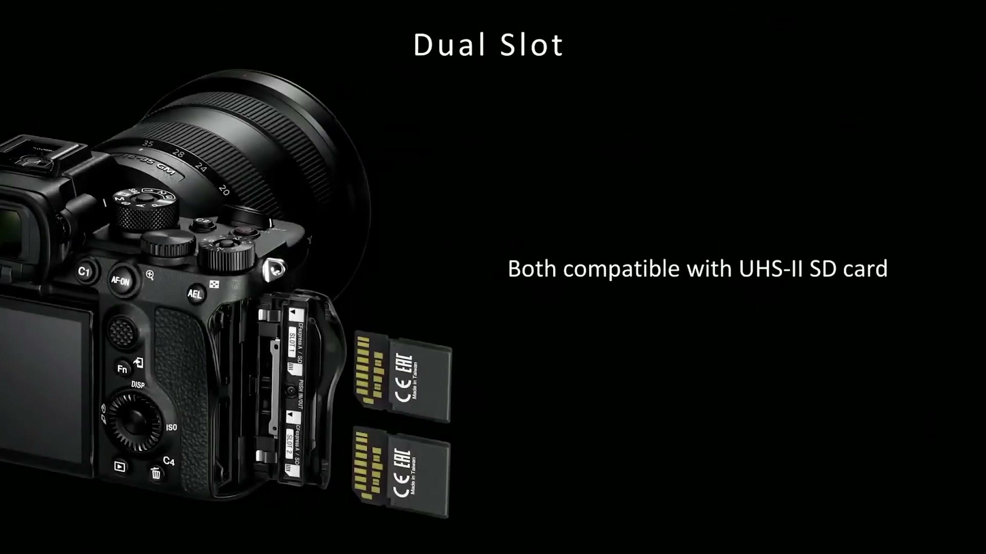 A Sony slide reading Dual Slot, both compatible with UHS-II SD card, showing the open card door on the side of the camera with two cards