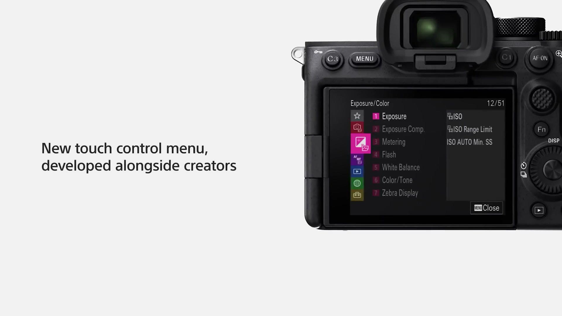 A Sony slide reading New touch control menu, developed alongside creators, showing the back of the camera with the redesigned menu system