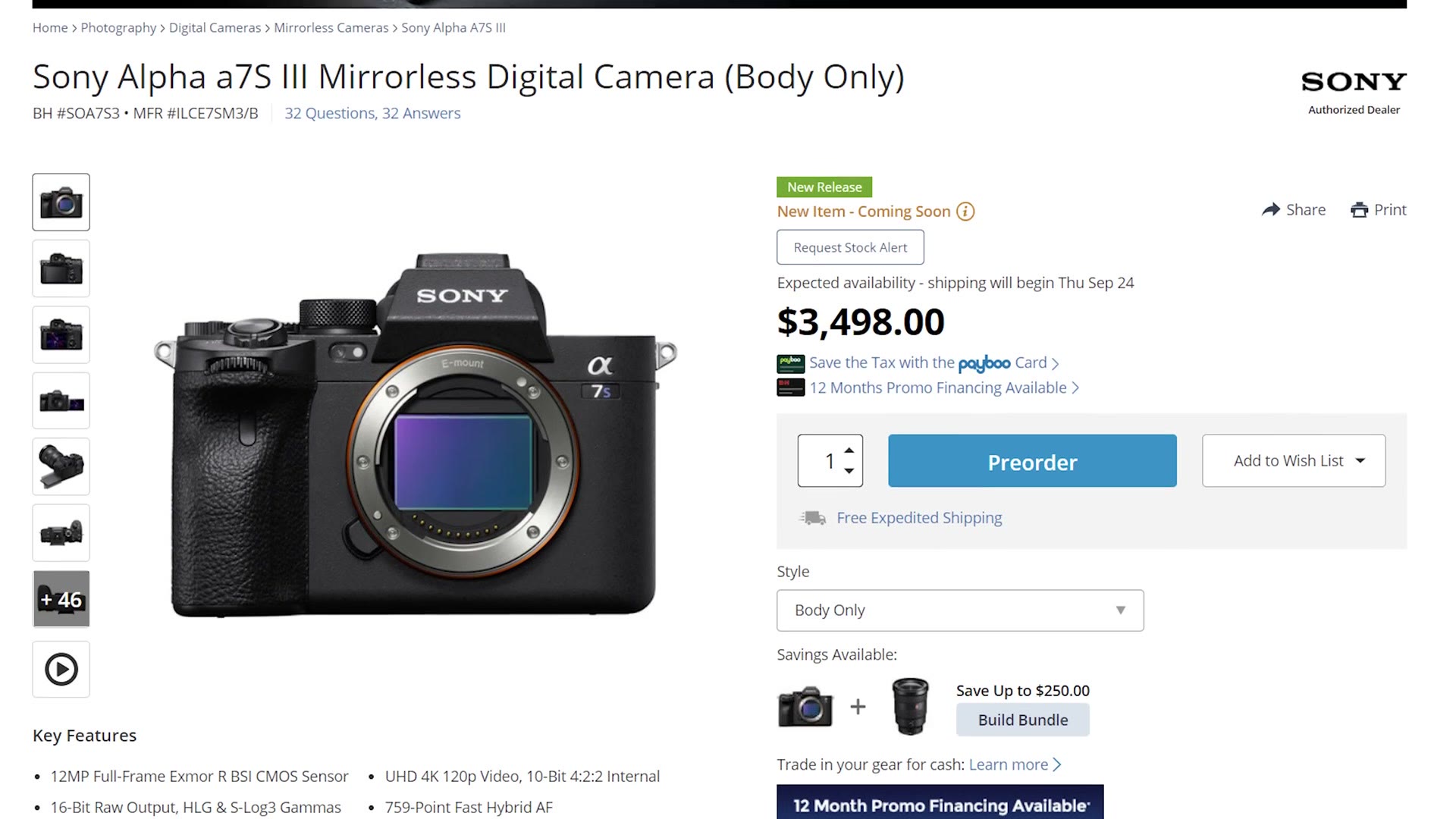 A B and H product page for the Sony Alpha a7S III body only, marked New Release and coming soon, priced at 3,498 dollars with a preorder button
