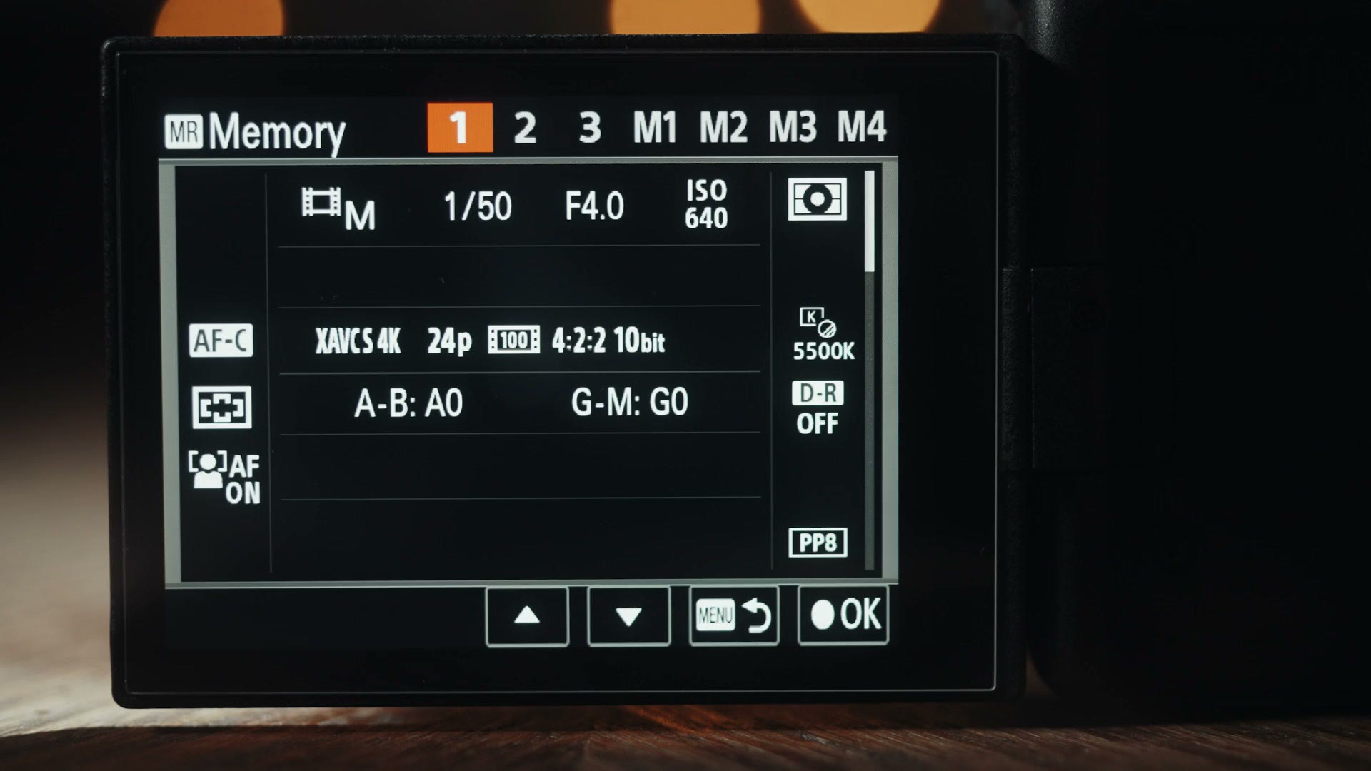 The Sony a7S III Camera Set Memory screen with slots 1, 2, 3 and M1 to M4, showing preset one saved as XAVC S 4K 24p 4:2:2 10-bit at 1/50, f/4, ISO 640 and 5500K