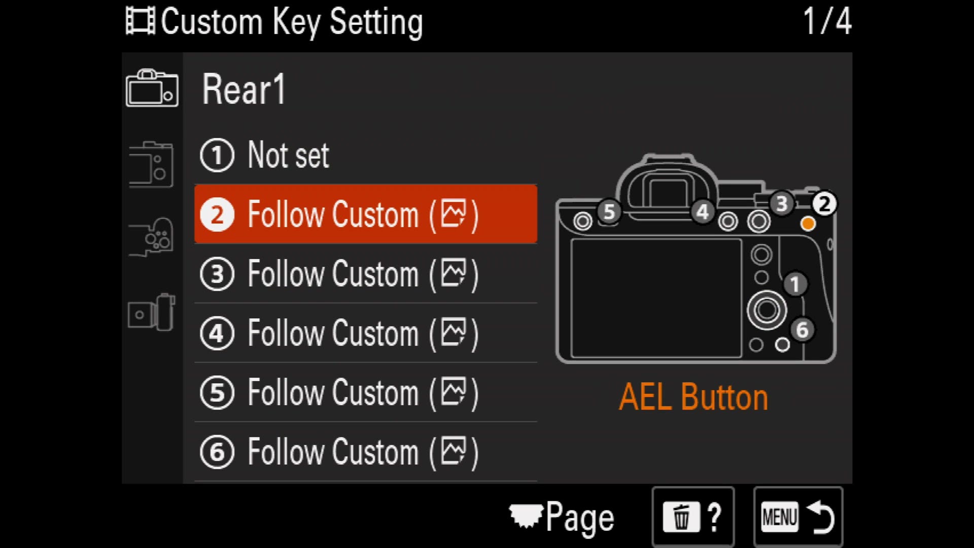 The Sony a7S III Custom Key Setting screen on the Rear1 page, with a diagram of the camera back showing which numbered slot is the AEL button