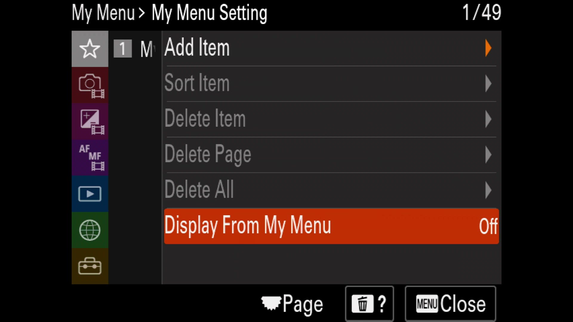 The Sony a7S III My Menu Setting screen with Display From My Menu highlighted and set to Off