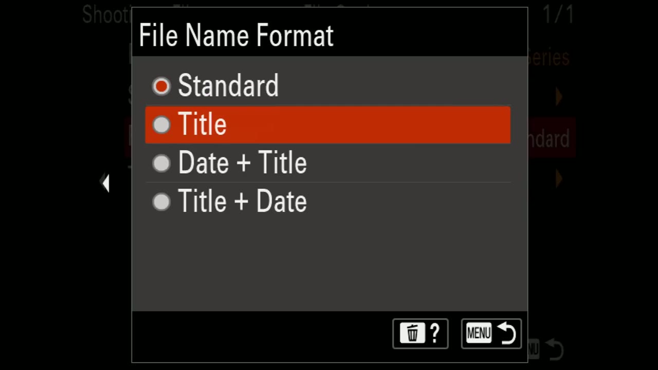 File Name Format popup with Title highlighted over Standard, Date + Title, and Title + Date