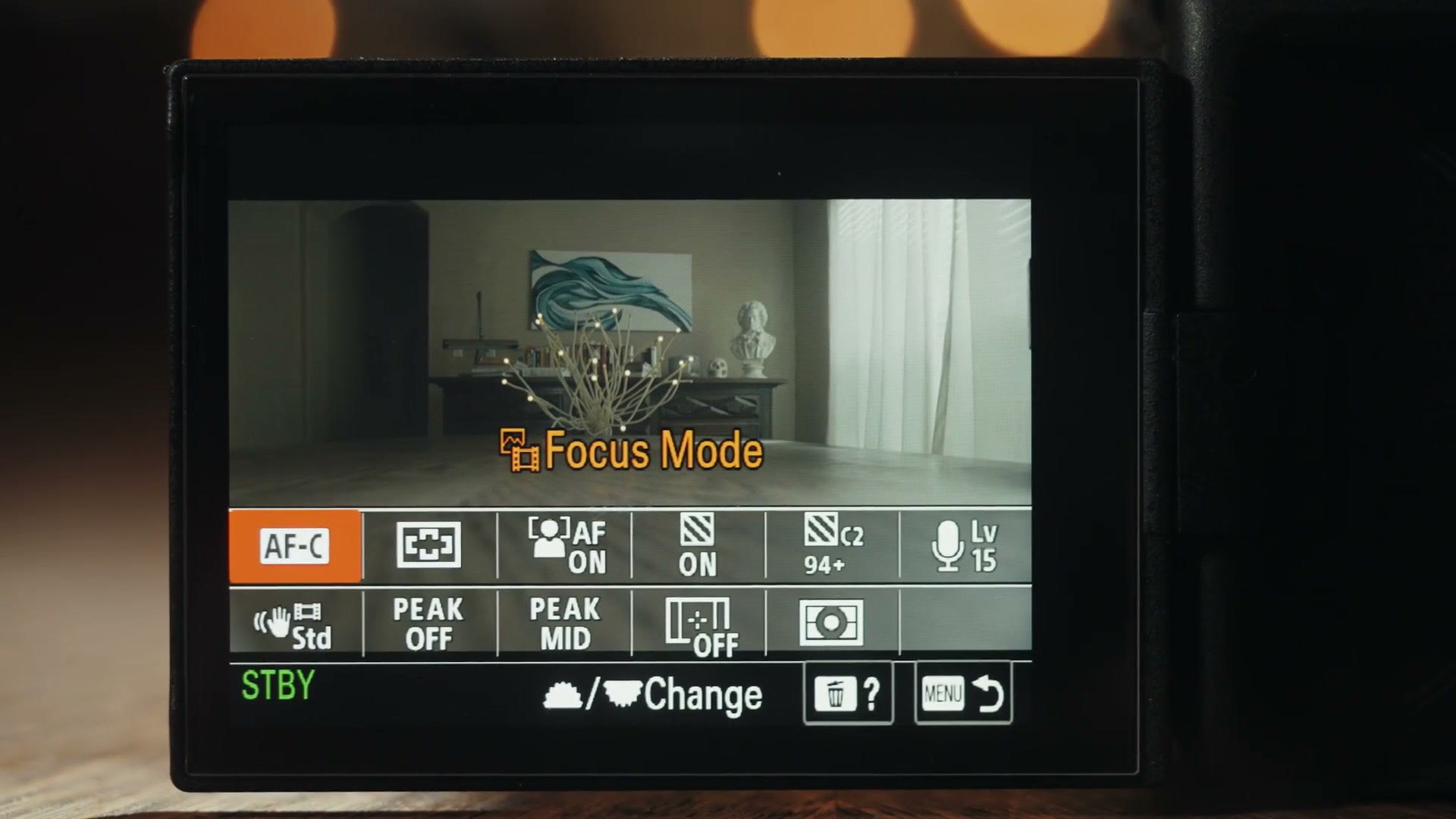 The finished Sony a7S III function menu overlaid on the live image, showing focus mode, focus area, face eye AF, zebras, audio level, SteadyShot, peaking and metering