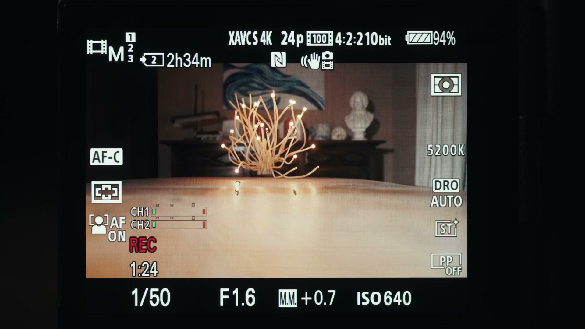 Sony a7S III rear screen recording XAVC S 4K 24p in 10 bit 4:2:2, showing REC and a 1 minute 24 second timer, 5200K, 1/50, F1.6, ISO 640