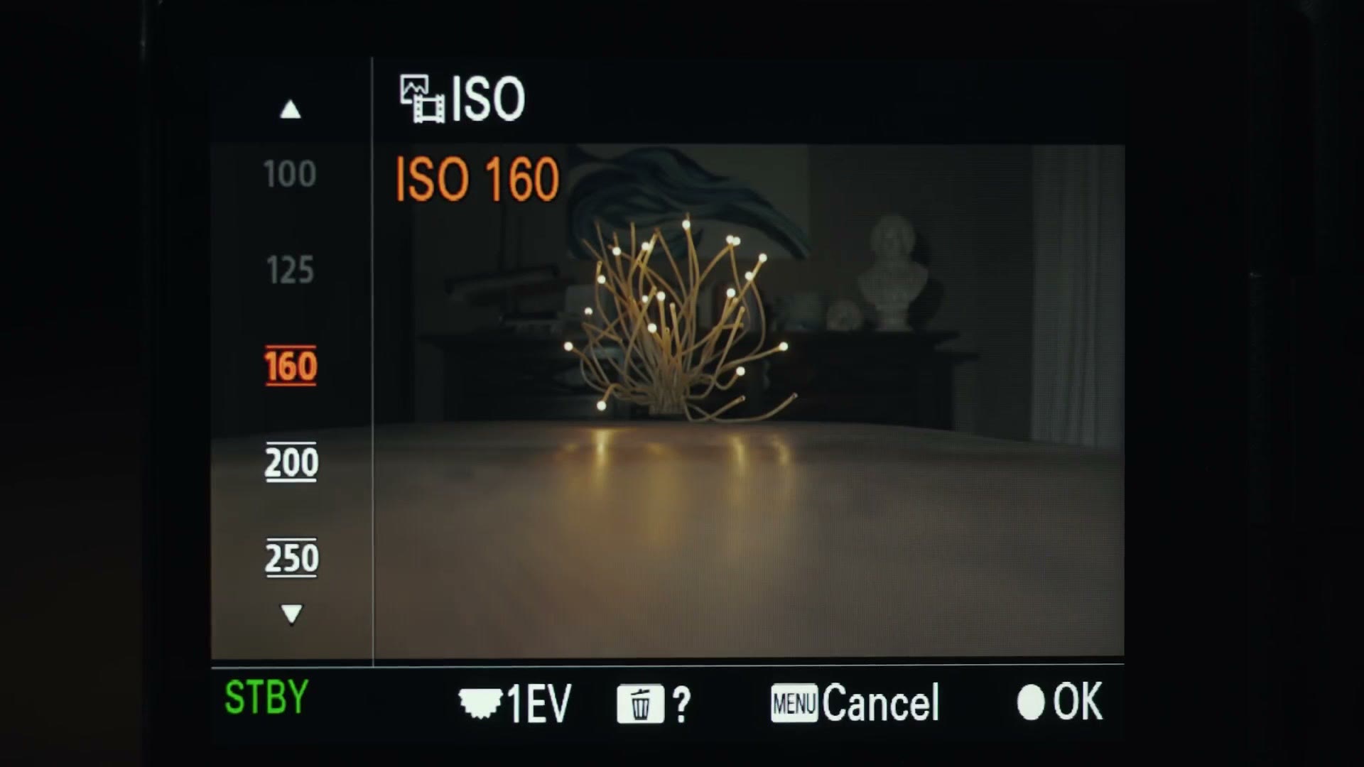The Sony a7S III ISO selector showing 160 selected in the extended range, with 100 and 125 greyed out above it