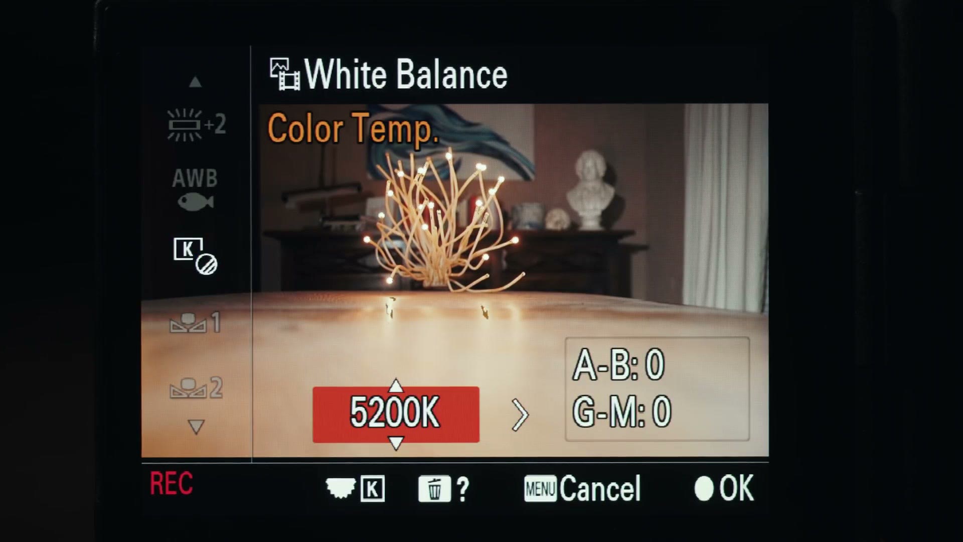 The Sony a7S III White Balance Color Temp overlay set to 5200K, with REC still showing in the corner