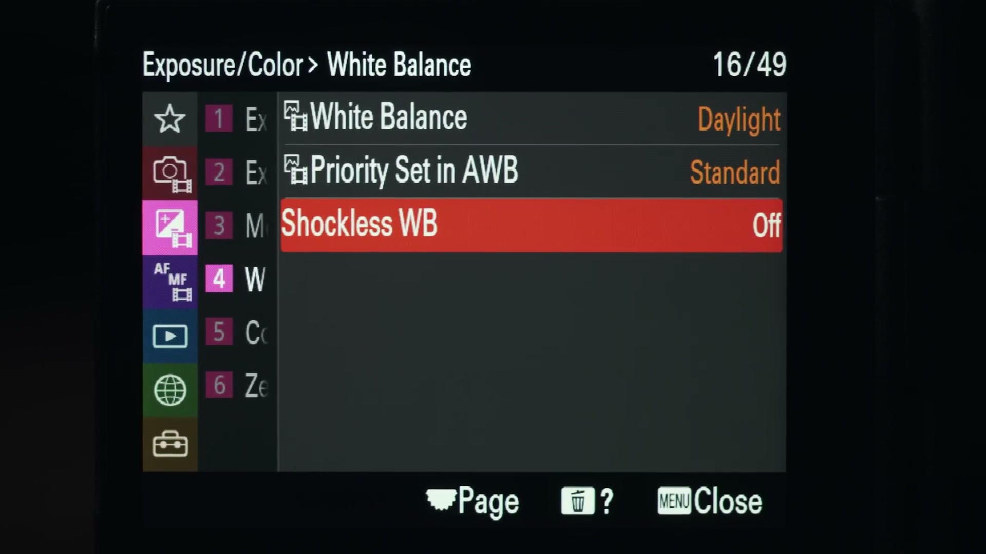 The Sony a7S III menu at Exposure slash Color, White Balance page, with Shockless WB highlighted and set to Off