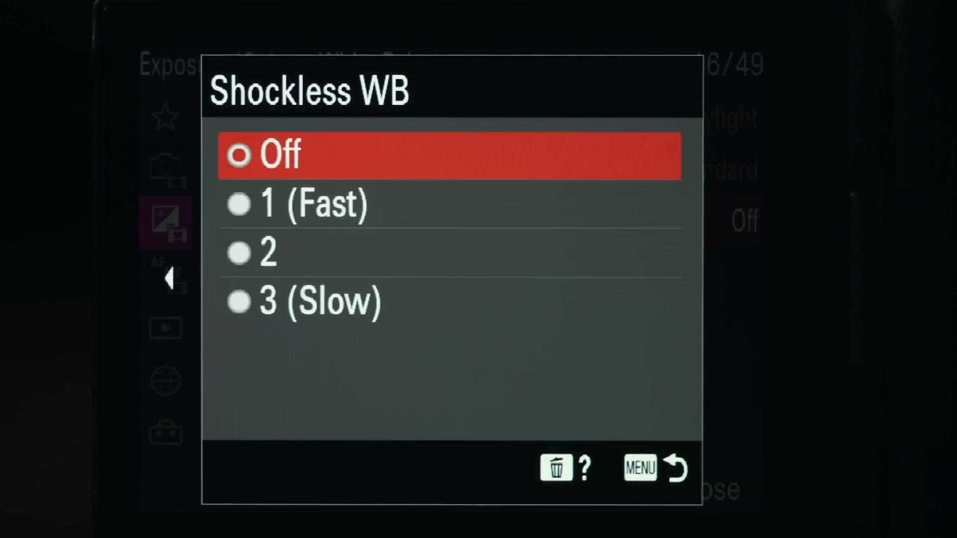 The Shockless WB options list showing Off, 1 (Fast), 2, and 3 (Slow)