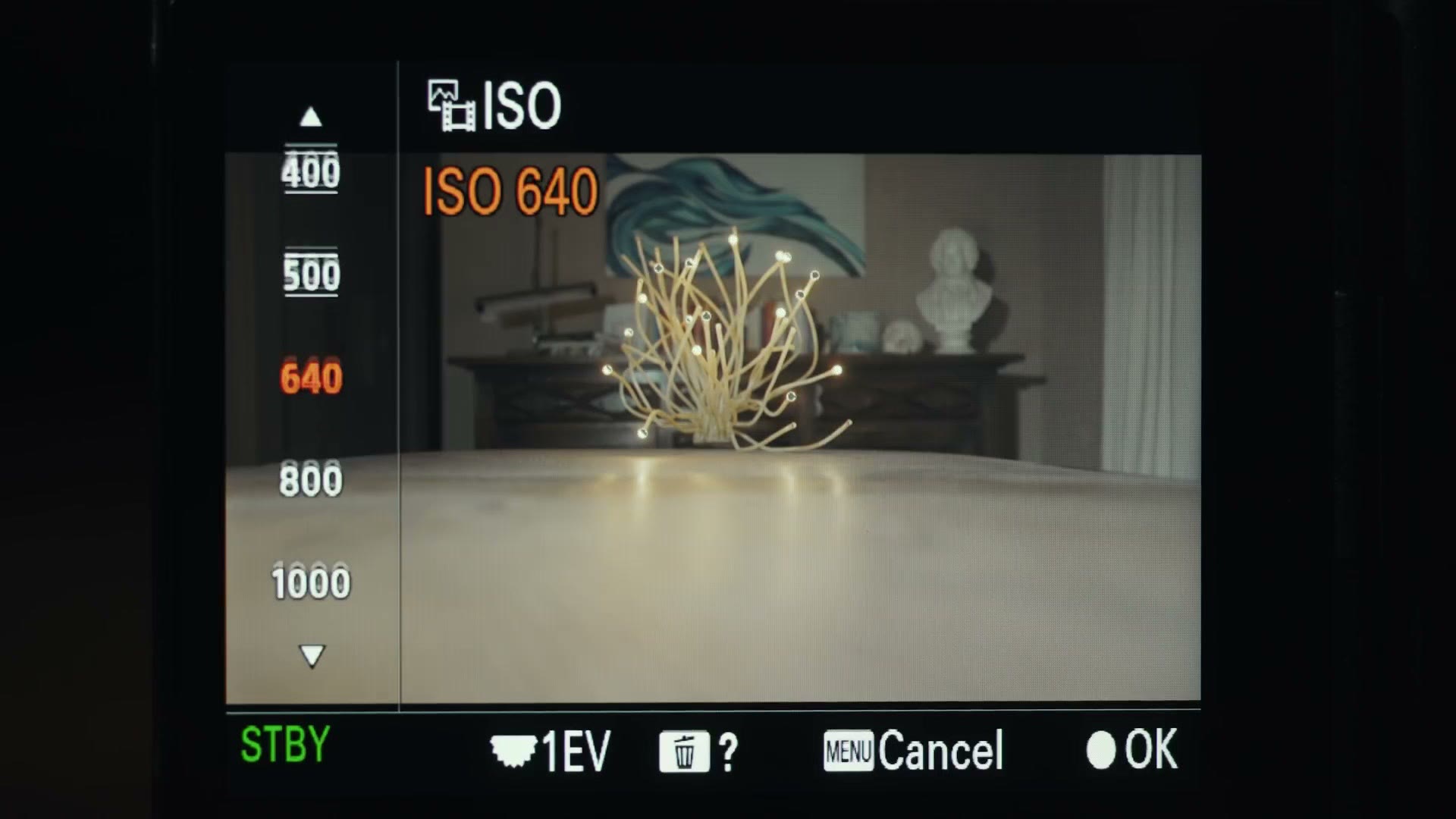 The Sony a7S III ISO selector showing 640 selected, with 400 and 500 greyed out above it