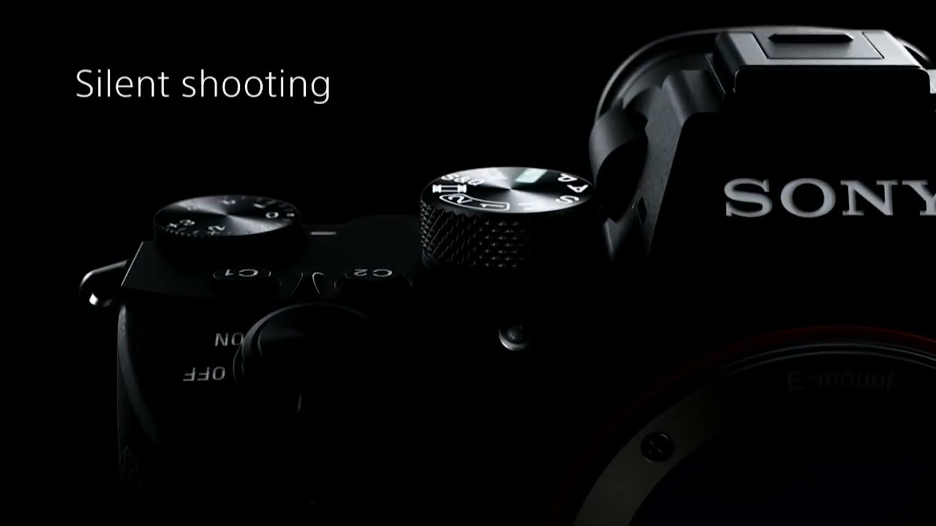 Sony a7 III promotional render on a black background with the words Silent shooting class=