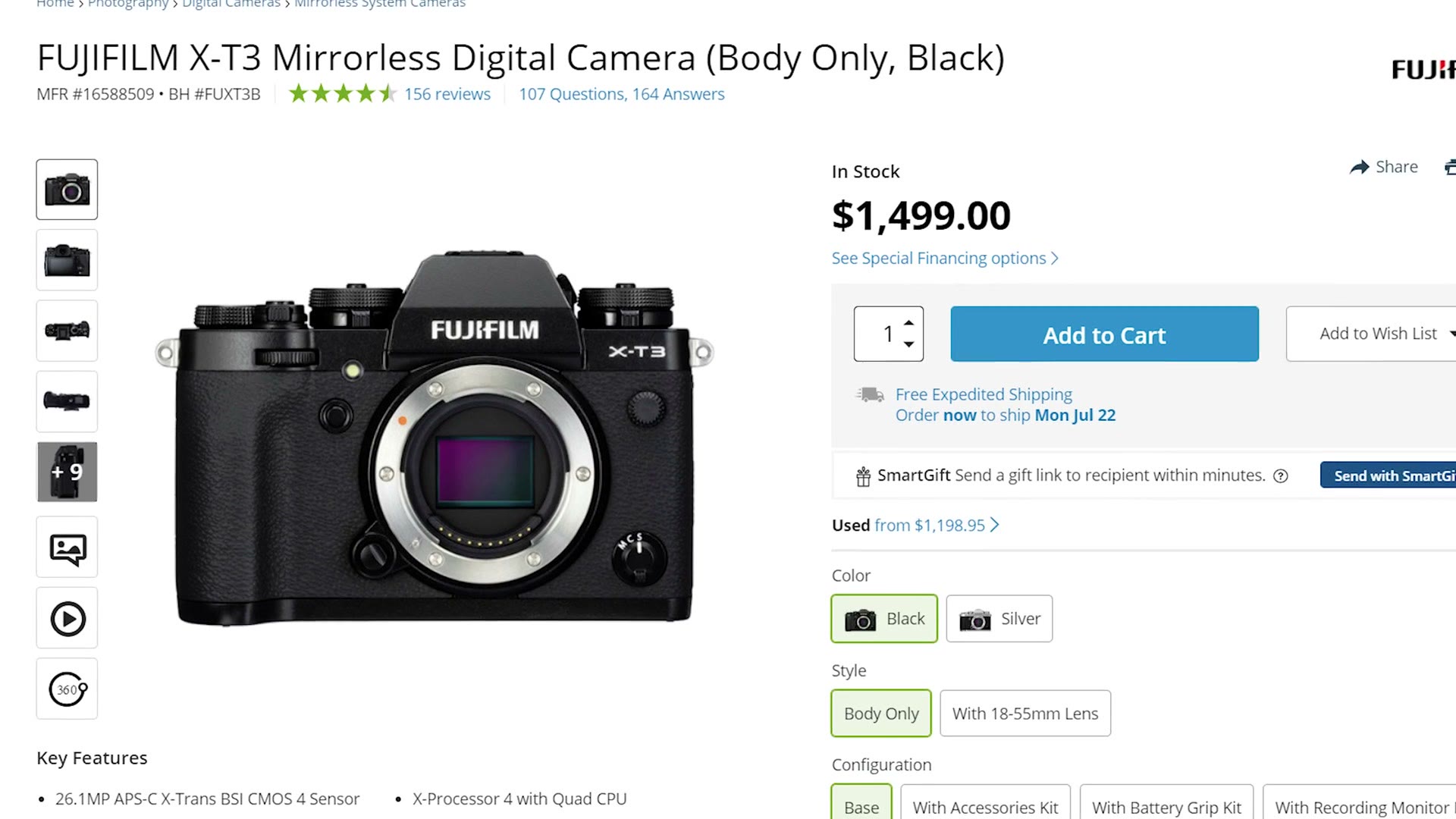 B and H product page for the Fujifilm X-T3 mirrorless camera body showing a price of $1,499.00 class=