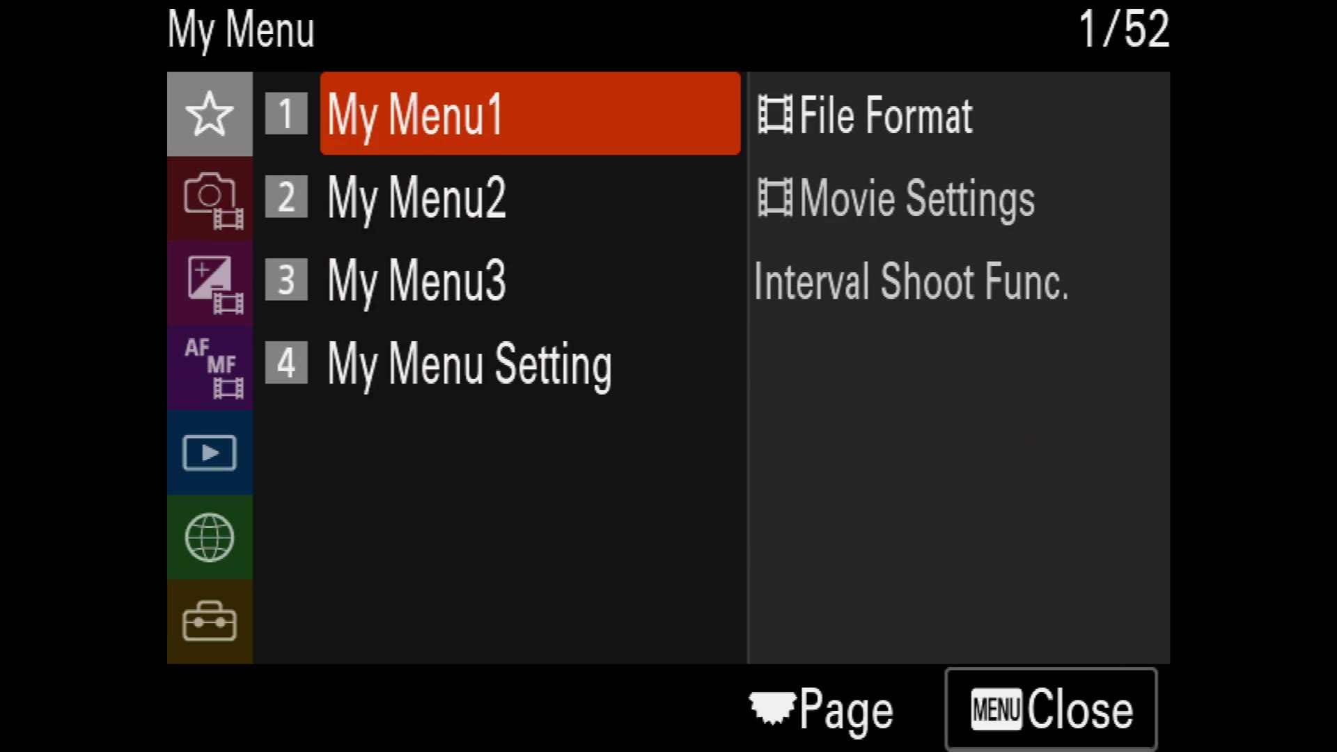 The Sony a7S III My Menu page one containing File Format, Movie Settings and Interval Shoot Function