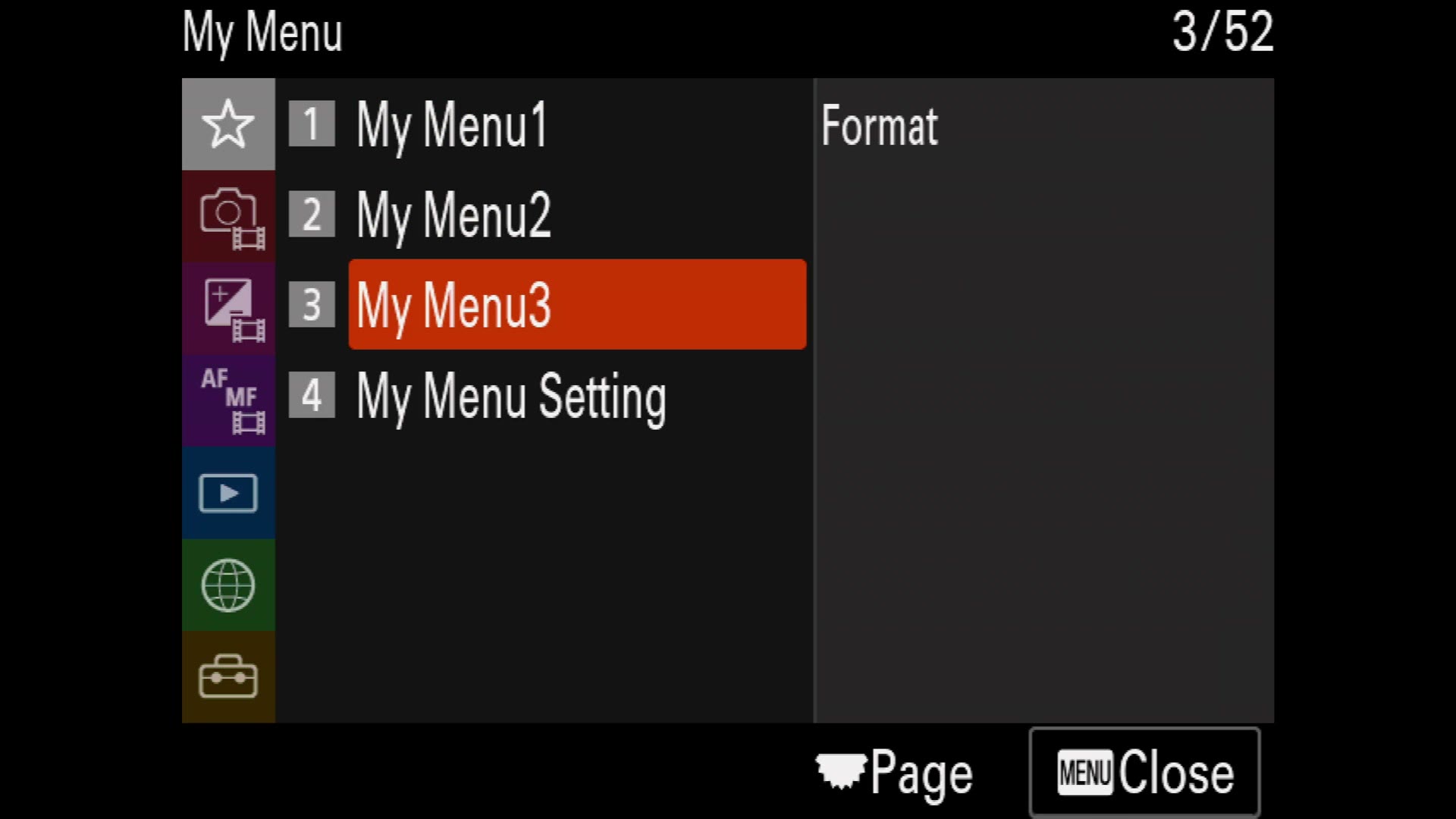 The Sony a7S III My Menu page three containing only Format