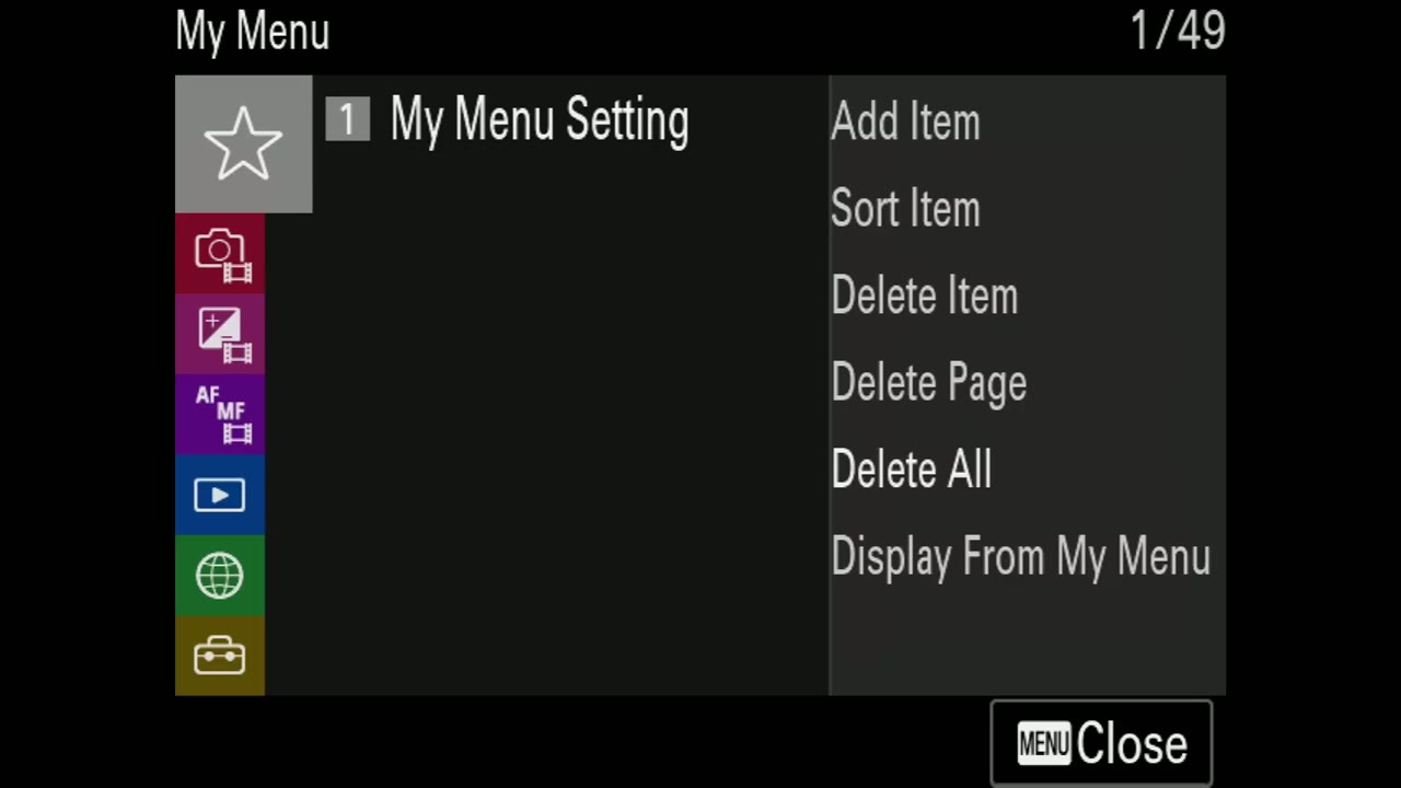 Sony a7S III My Menu tab showing My Menu Setting with Add Item, Sort Item, Delete Item, and Delete All options