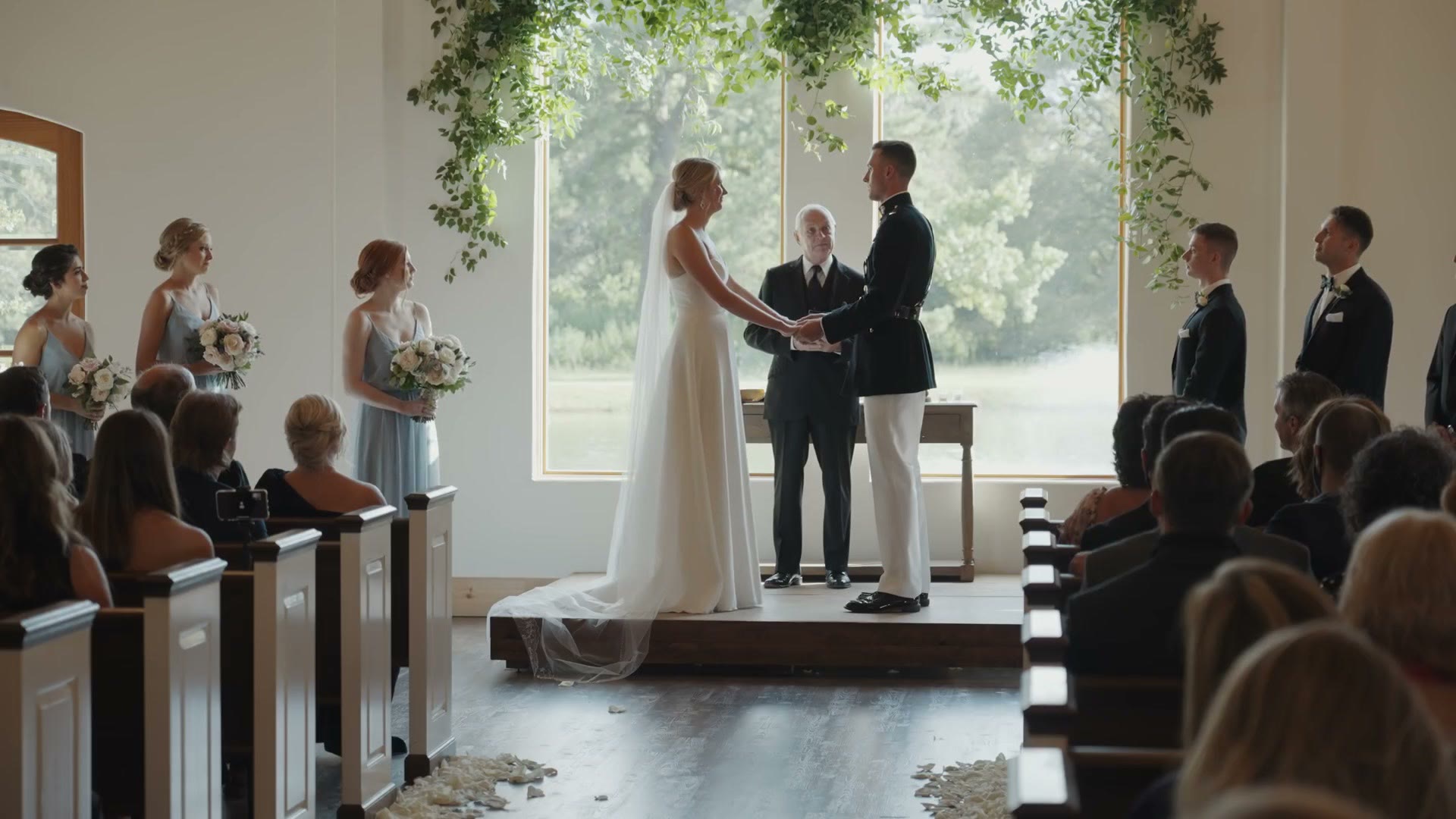 A wedding ceremony in a bright chapel, the bride and groom holding hands in front of a window with guests seated in pews