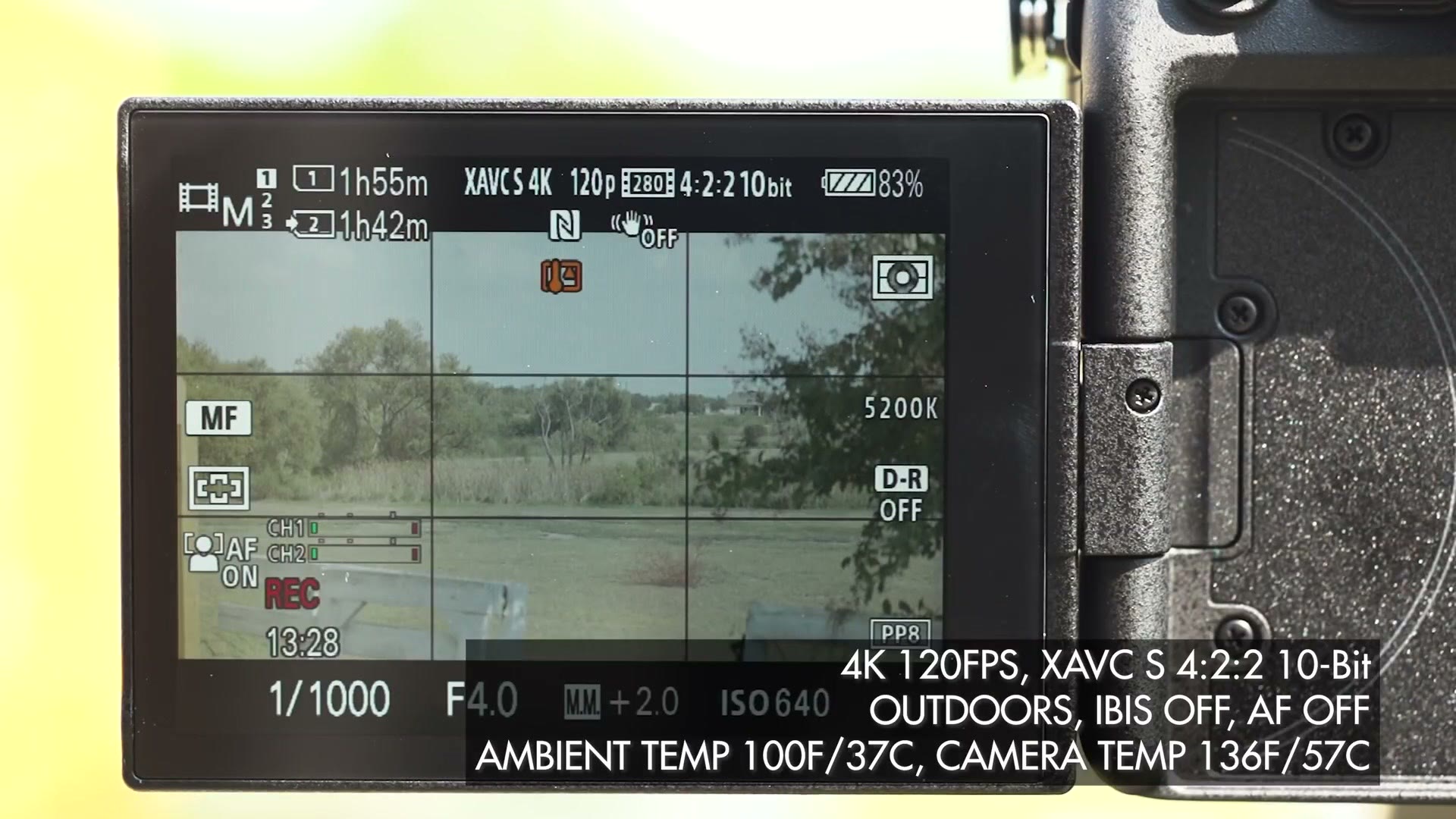 The a7S III rear screen recording 4K 120p with the timer at 13 minutes 28 seconds, shortly before it overheated