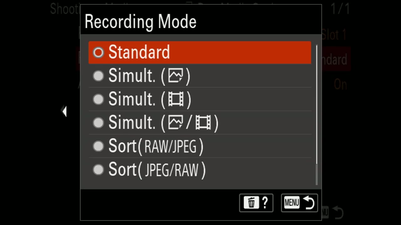 Recording Mode popup on the a7S III with Standard selected over Simult. and Sort RAW/JPEG options
