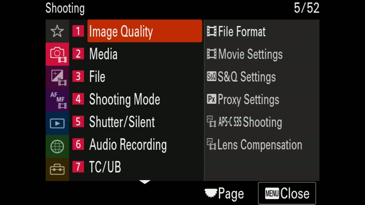 Sony a7S III Shooting menu page 5 with Image Quality highlighted, showing File Format, Movie Settings, and APS-C/S35 Shooting