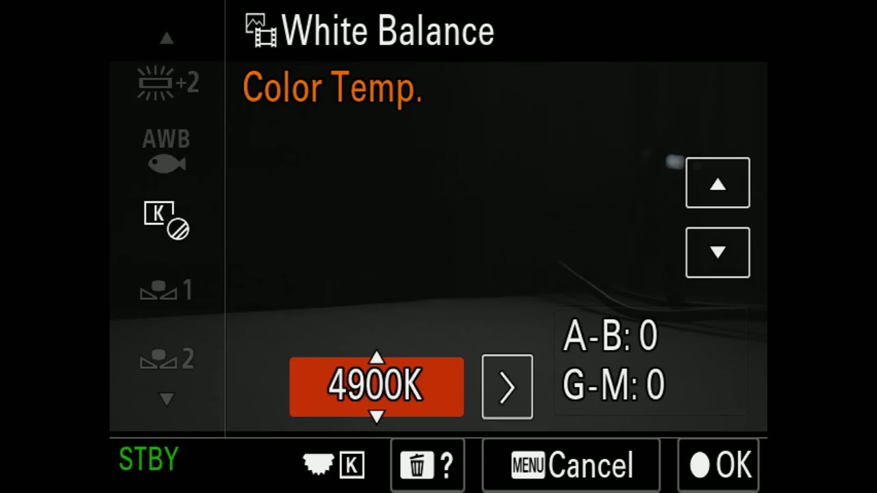 White Balance Color Temp. screen with the value dialed to 4900K and A-B/G-M both at 0