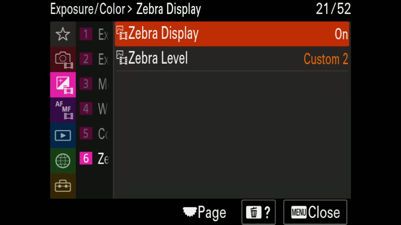 Exposure/Color menu page 21 with Zebra Display turned On and Zebra Level set to Custom 2