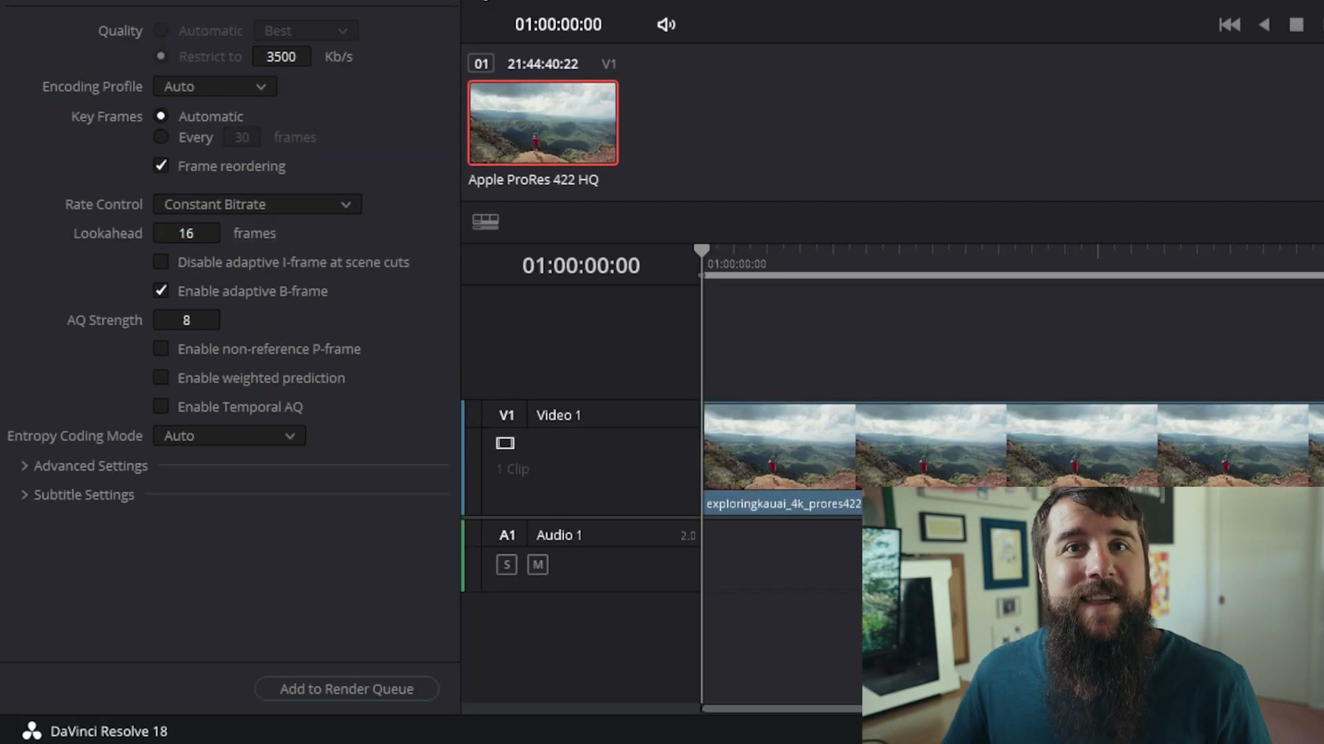 The Add to Render Queue button at the bottom of the DaVinci Resolve render settings panel