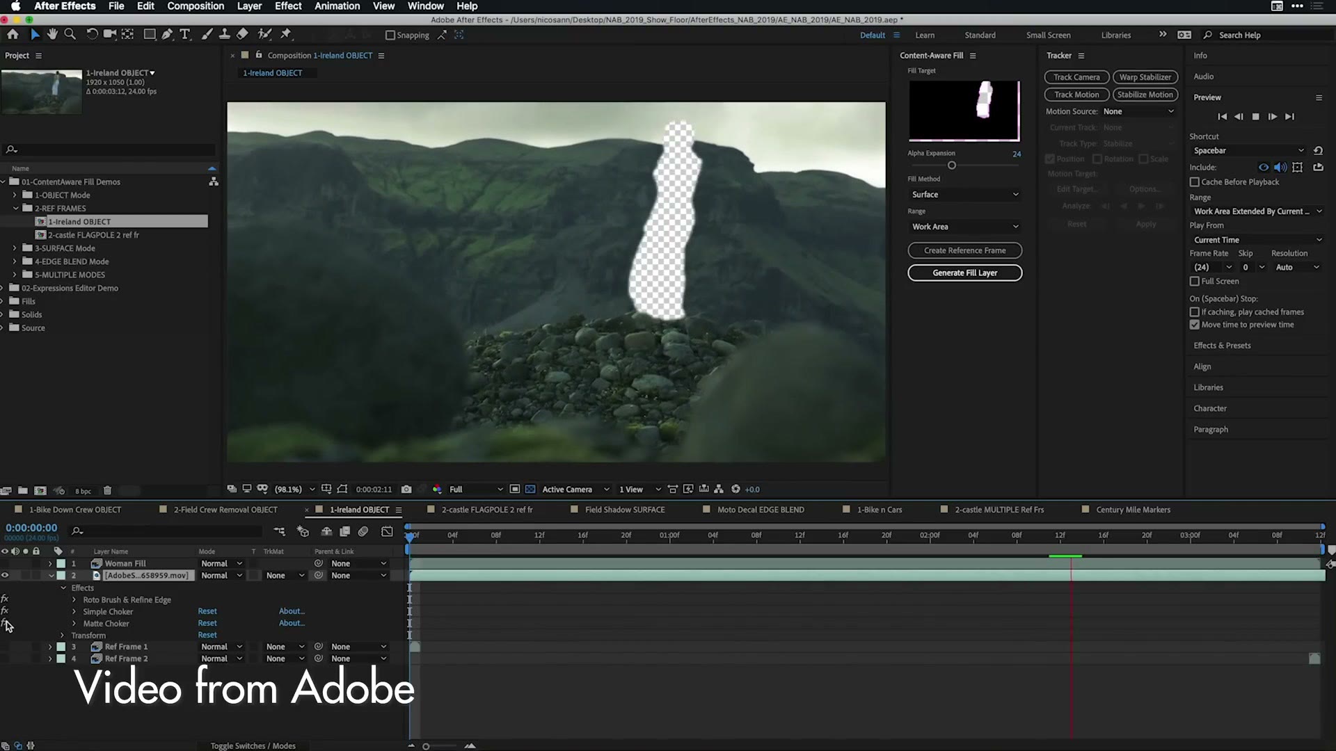 After Effects with Content Aware Fill applied to a landscape shot, a person cut out of the frame as a transparent silhouette