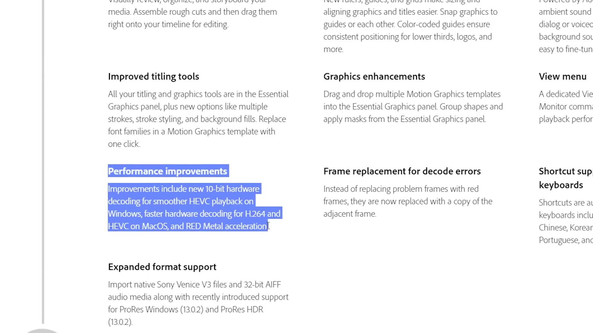 Adobe's release notes page with a paragraph highlighted describing 10 bit hardware decoding for HEVC on Windows and RED Metal acceleration