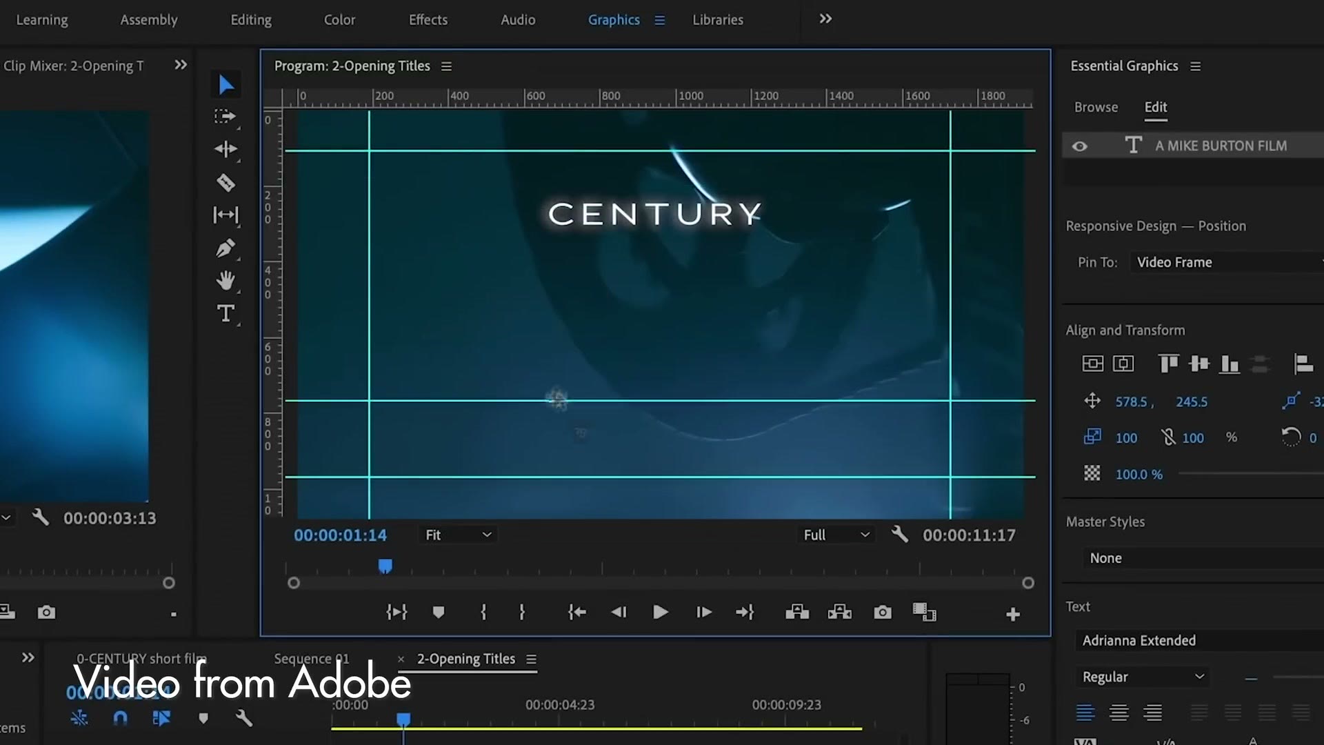 Premiere Pro program monitor showing cyan guide lines and rulers laid over a title graphic