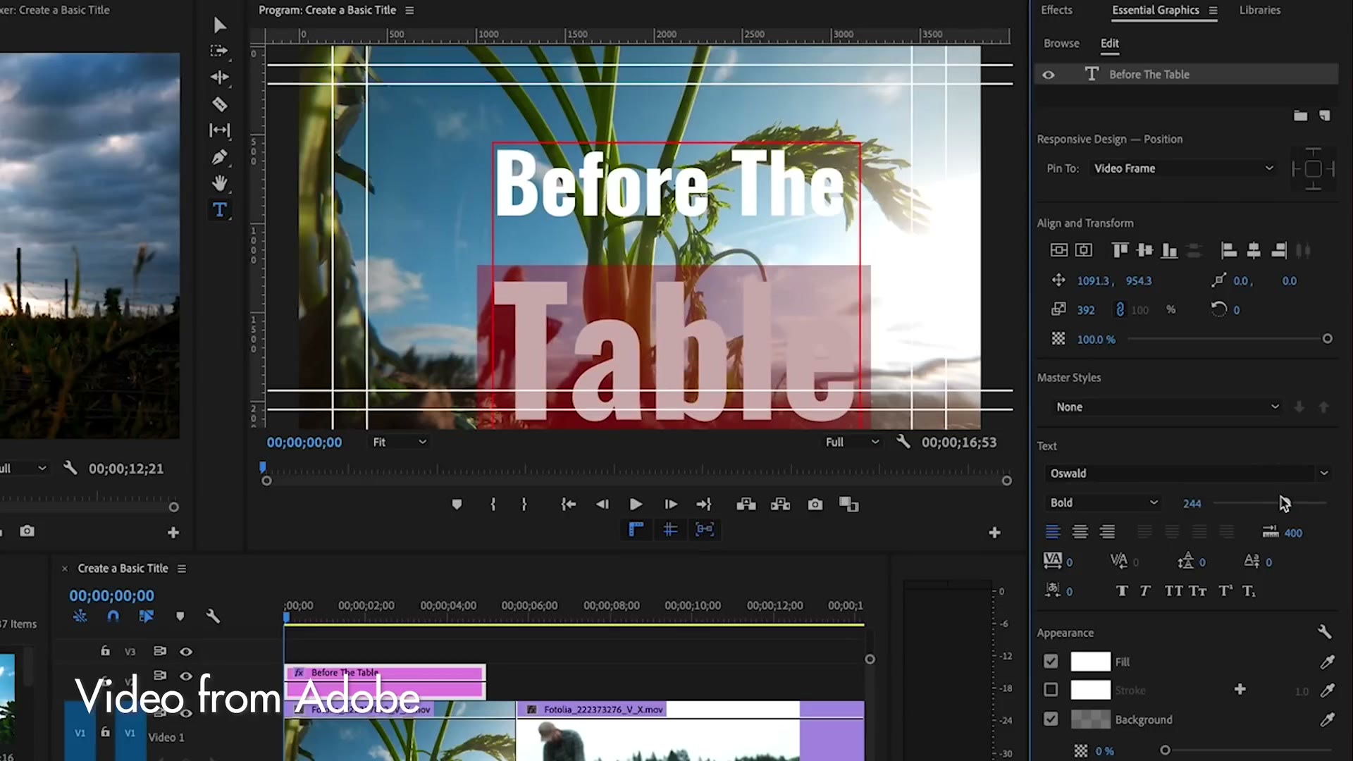 Premiere Pro's Essential Graphics panel with a two line title over footage, showing a background fill behind the text