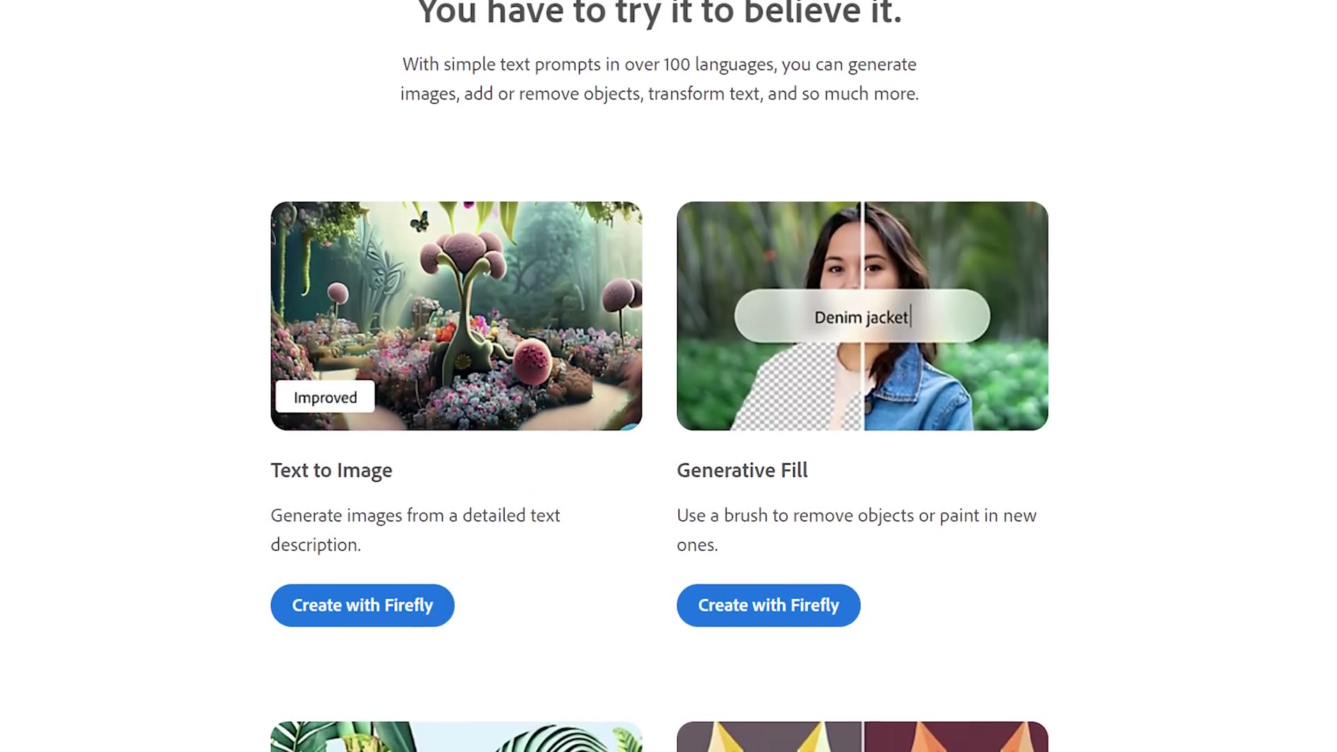 Adobe Firefly's page showing Text to Image and Generative Fill