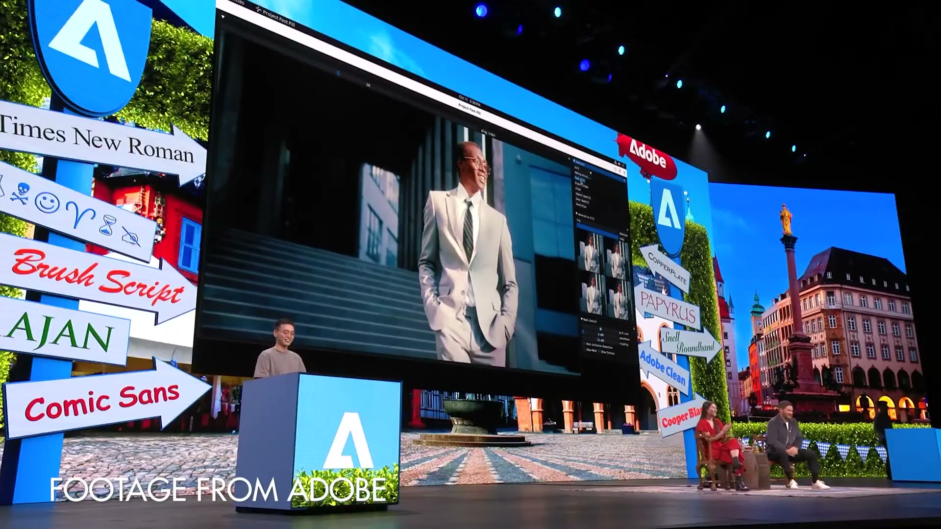 An Adobe stage demo showing AI text and object replacement in video