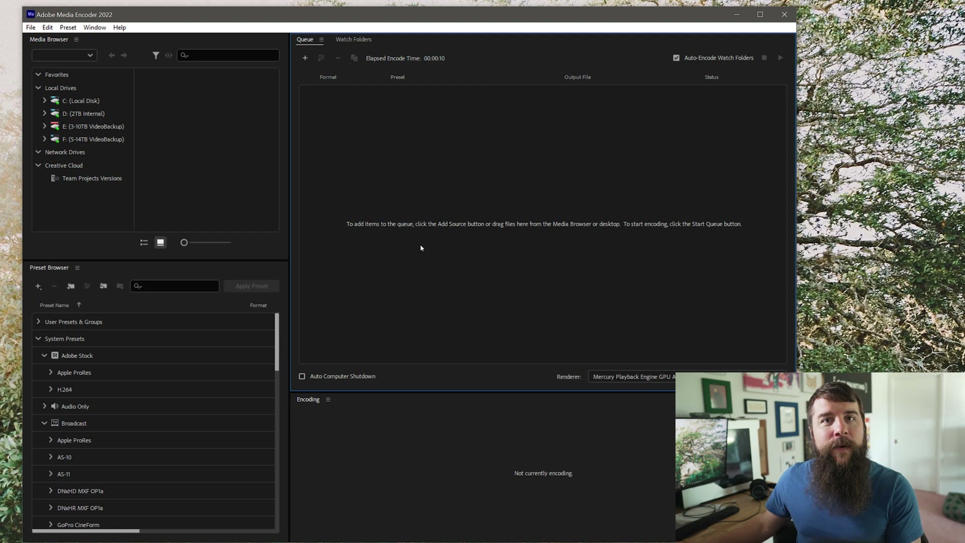 Adobe Media Encoder 2022 open with an empty render queue