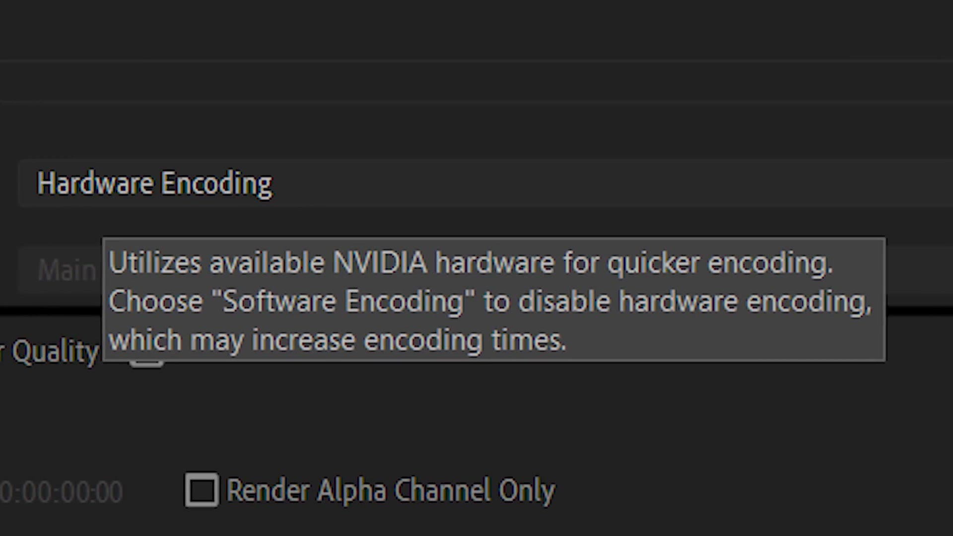 The Hardware Encoding option in Adobe's export settings with a tooltip reading Utilizes available NVIDIA hardware for quicker encoding