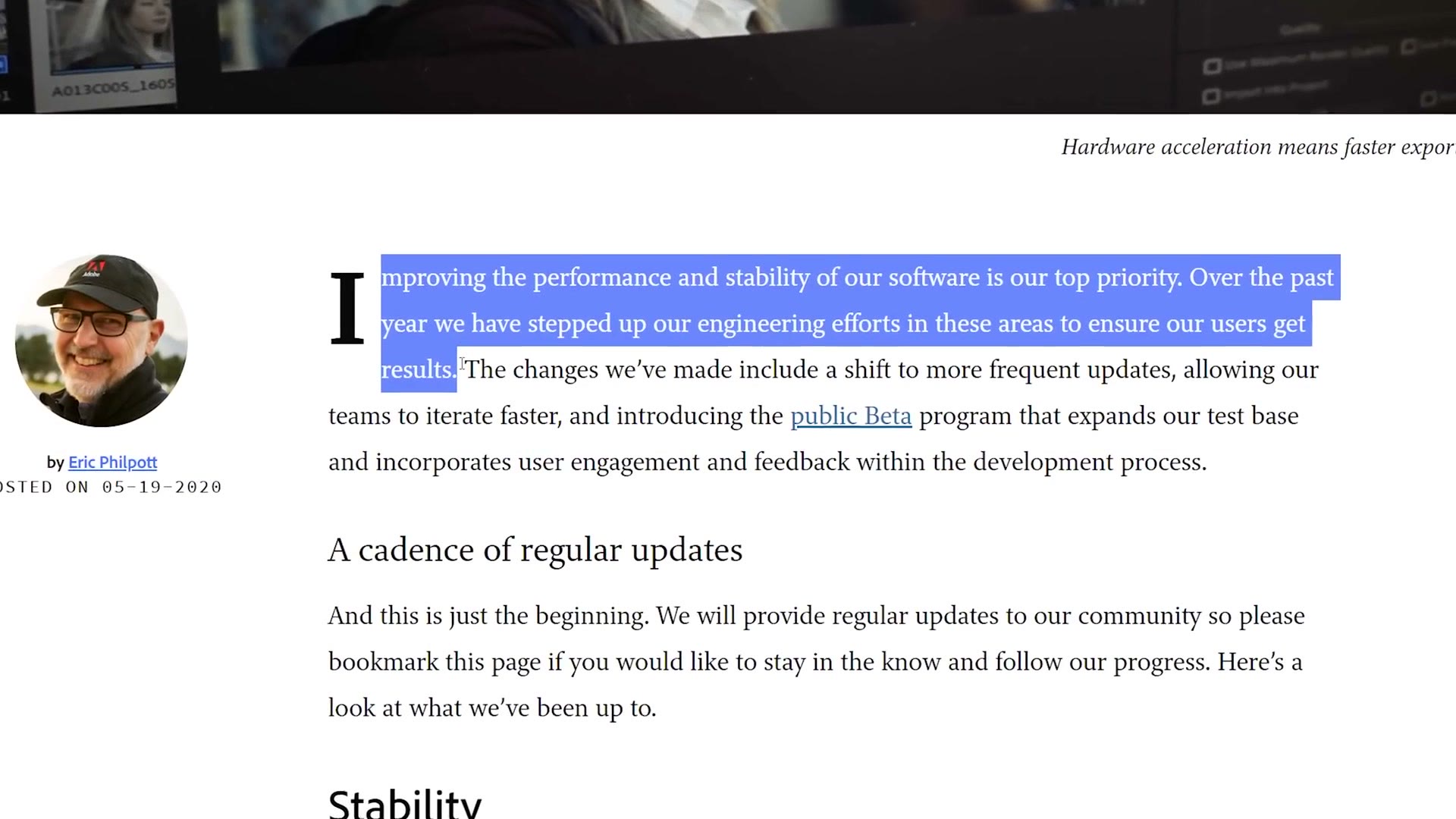 Adobe blog post headline reading Performance and Stability: Our Highest Priority