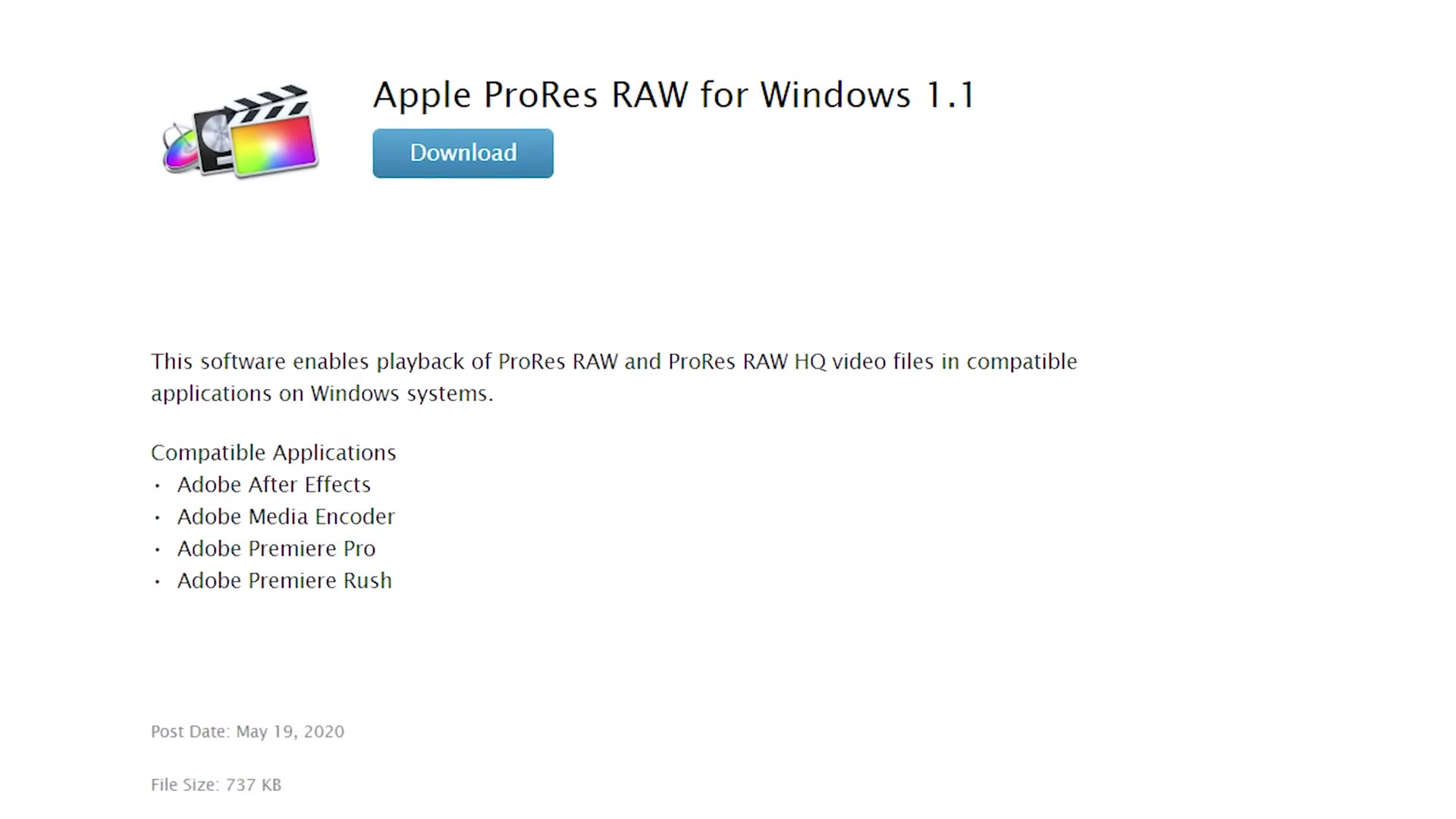 Apple's download page for ProRes RAW for Windows 1.1, listing After Effects, Media Encoder, Premiere Pro and Premiere Rush as compatible applications