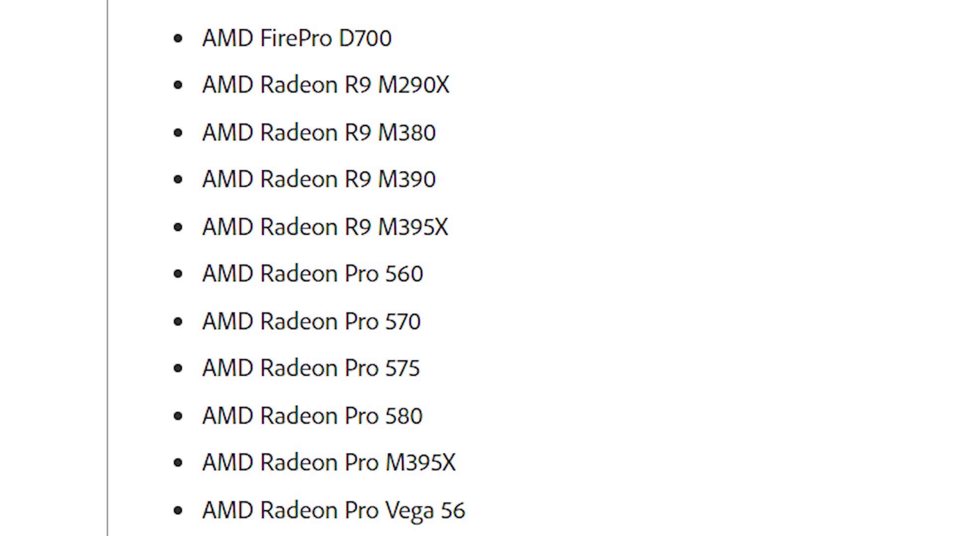 Adobe's system requirements page listing supported AMD FirePro and Radeon Pro graphics cards