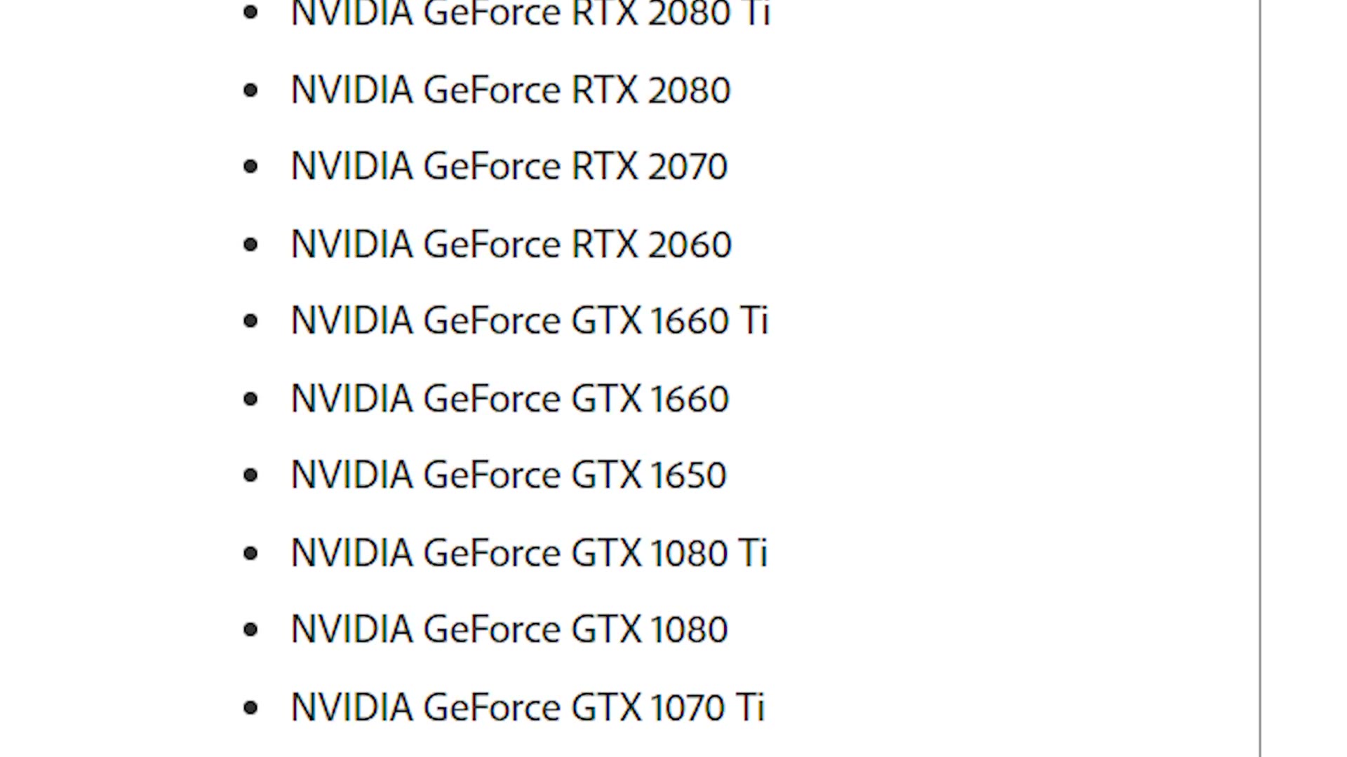 Adobe's system requirements page listing supported NVIDIA GeForce RTX and GTX graphics cards