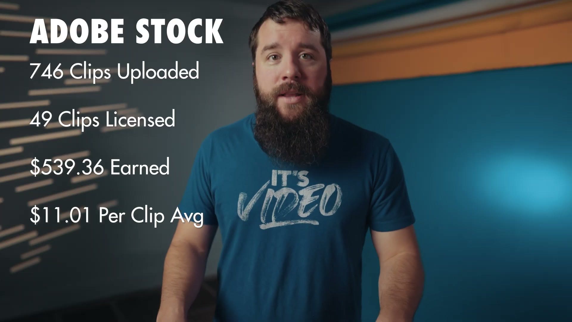 On screen summary titled ADOBE STOCK reading 746 clips uploaded, 49 clips licensed, $539.36 earned, $11.01 per clip average