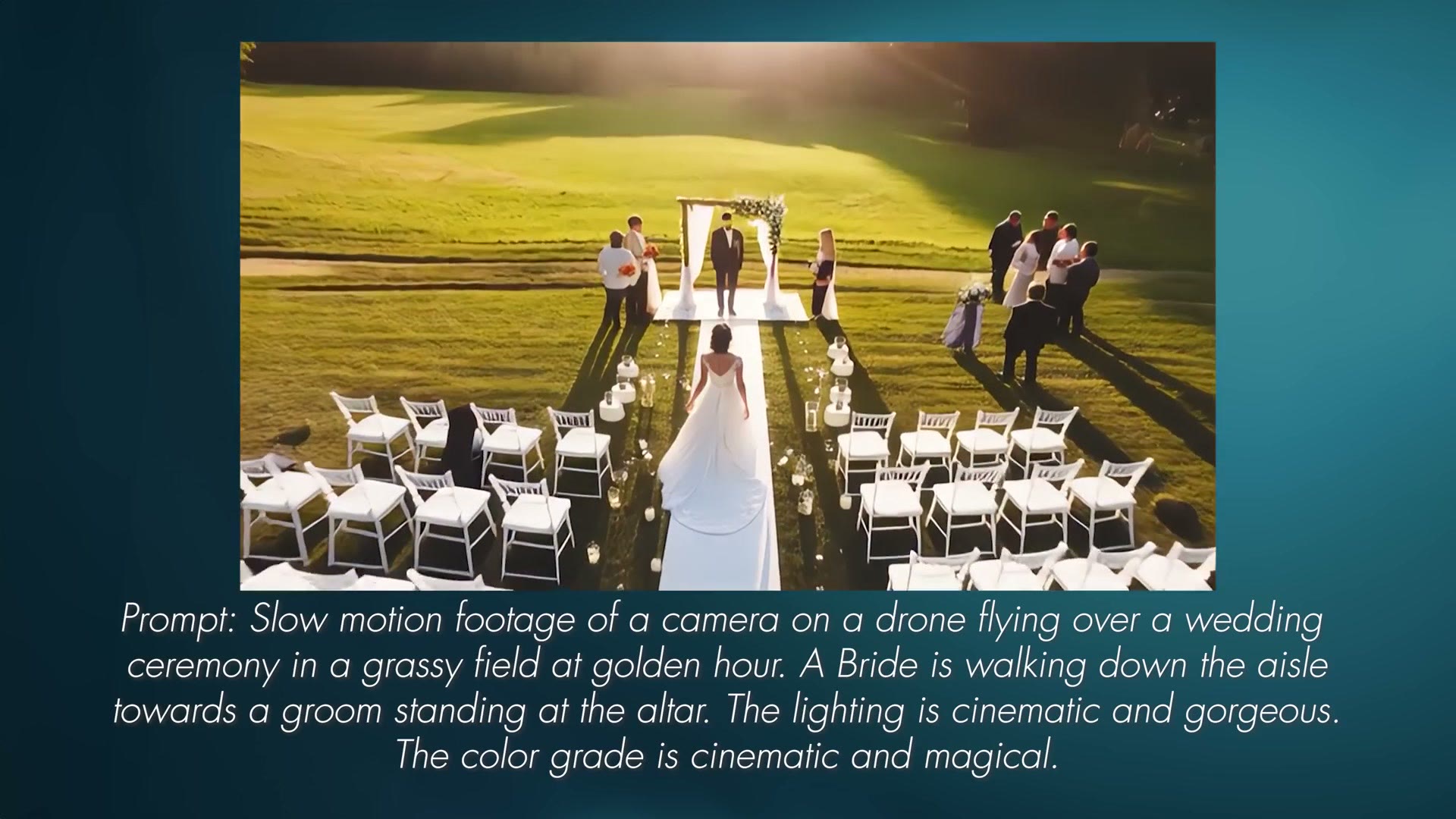 AI generated aerial of a wedding ceremony in a field with the text prompt shown below