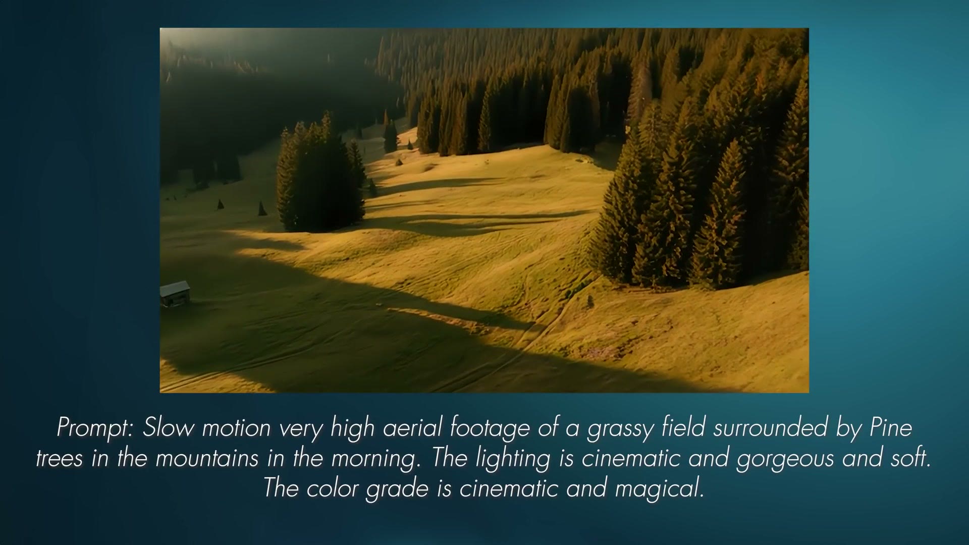 AI generated high aerial of a grassy field surrounded by pine trees with the text prompt shown below