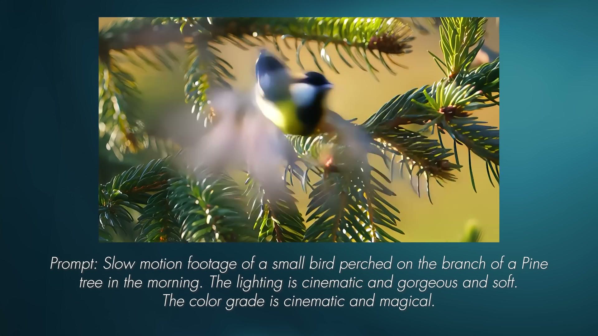 AI generated clip of a small bird perched on a pine branch with the text prompt shown below