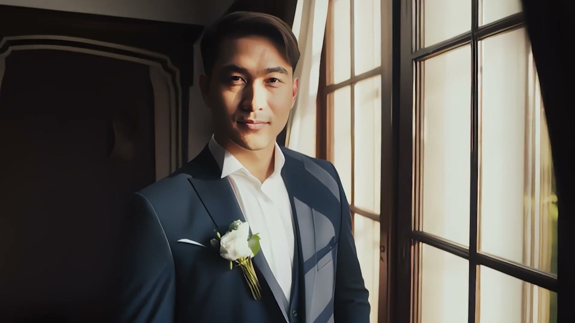 AI generated frame of a groom in a suit standing beside a window in soft light