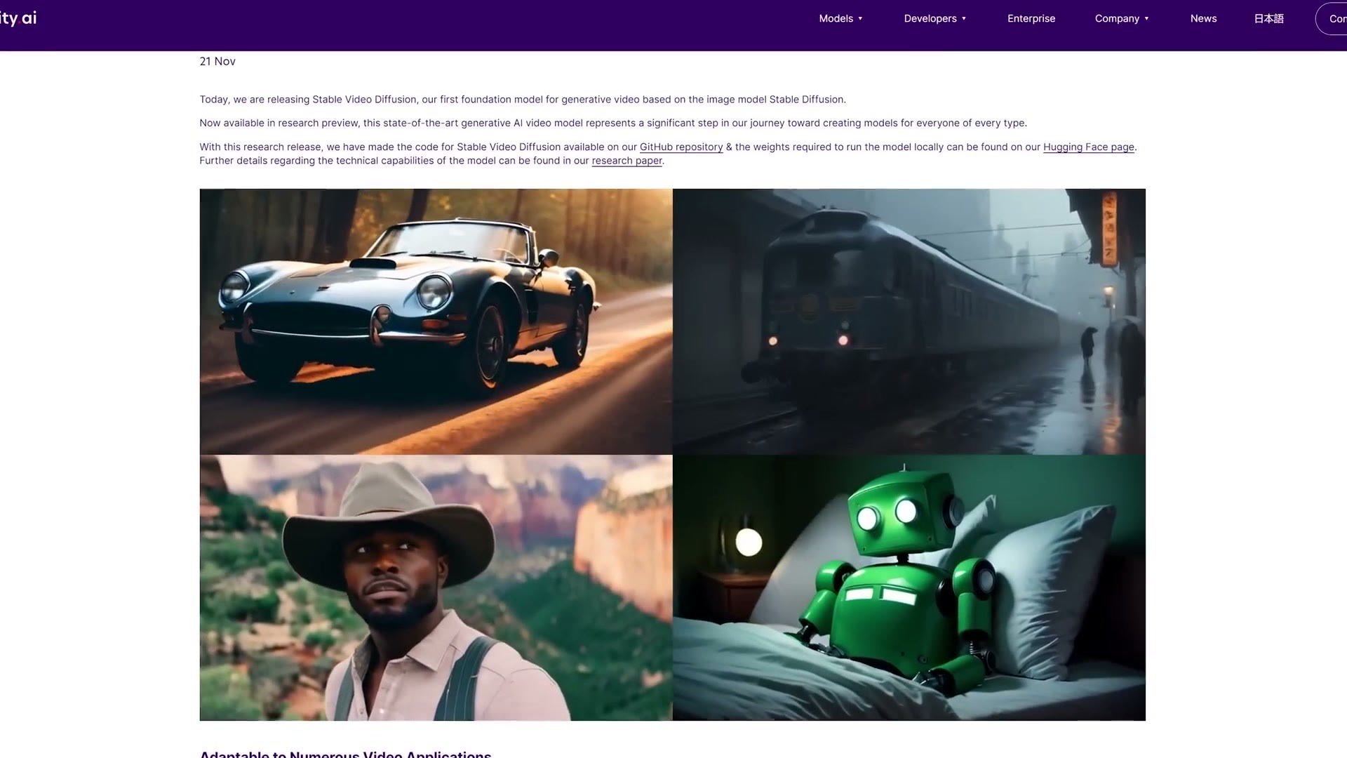 A grid of AI generated video stills including a car, a train and a robot
