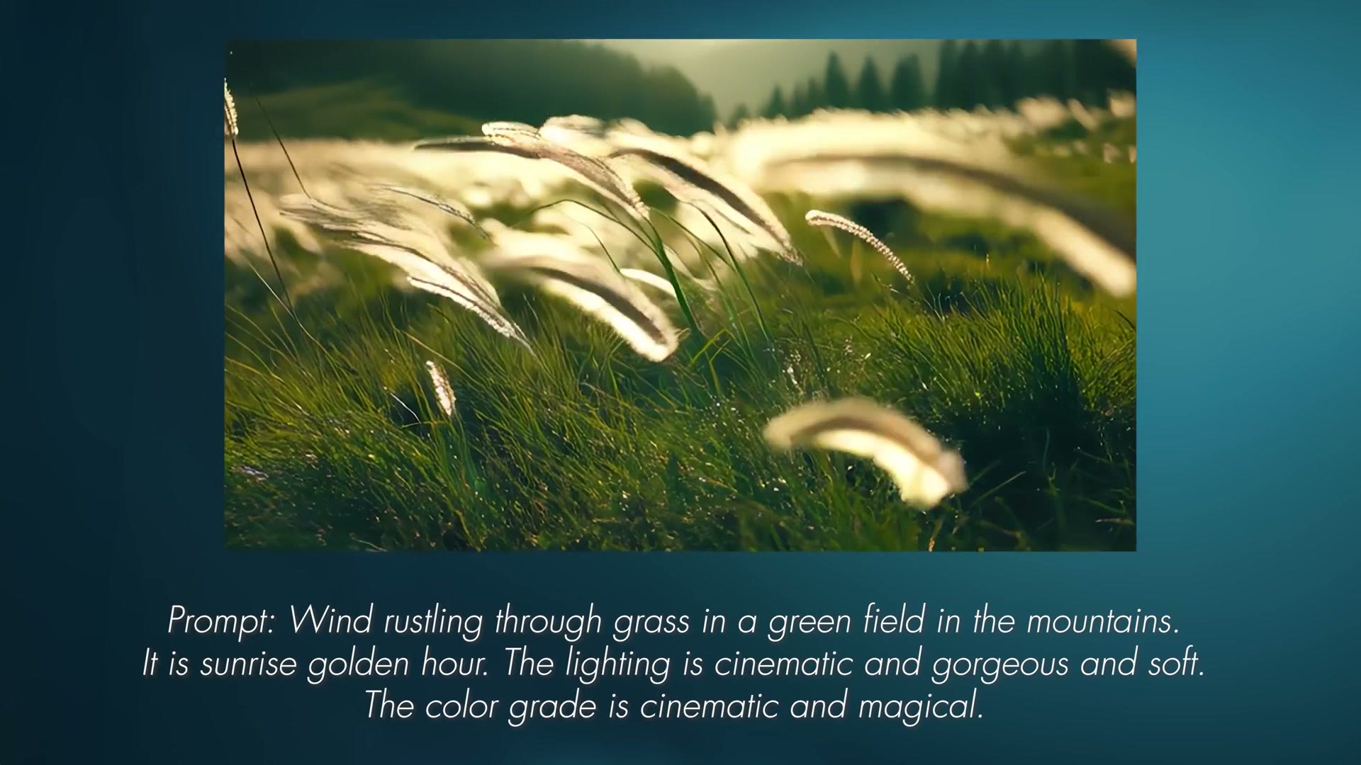 AI generated clip of wind moving through tall grass at golden hour with the text prompt shown below