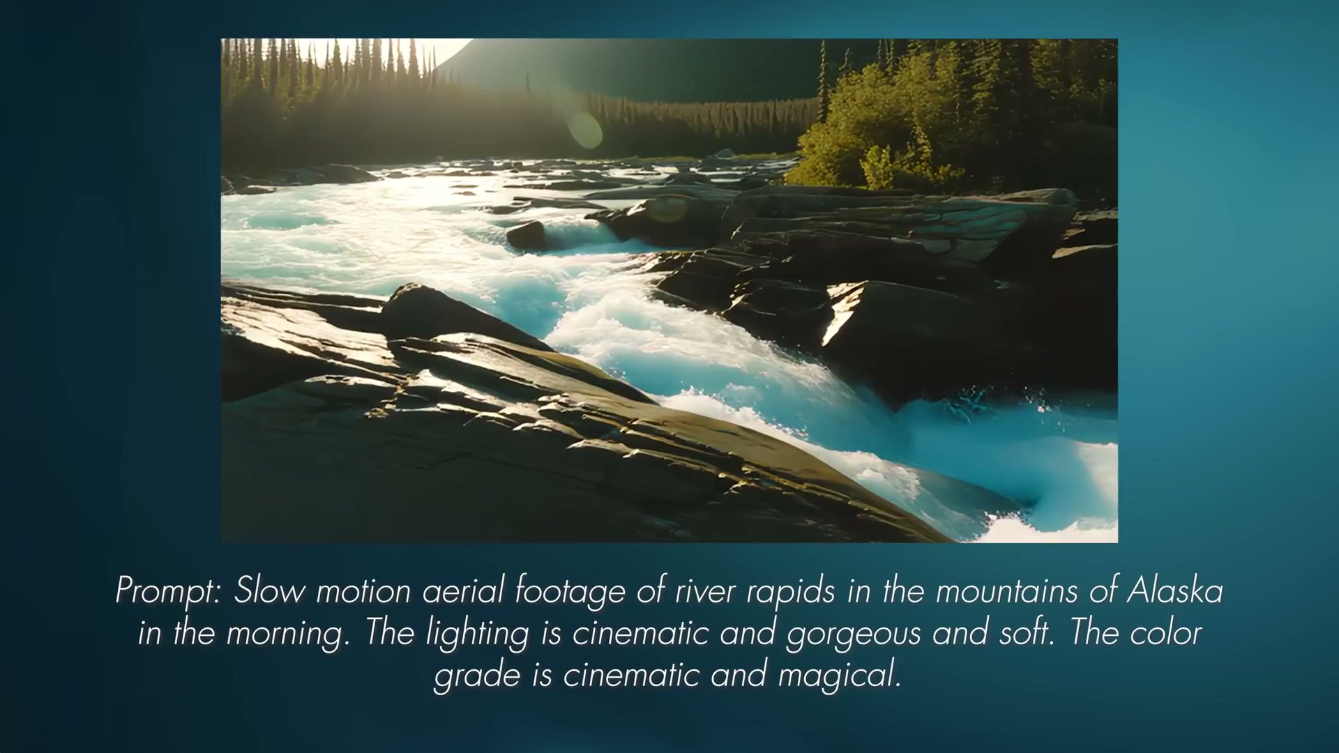 AI generated aerial of river rapids in the mountains with the text prompt shown below