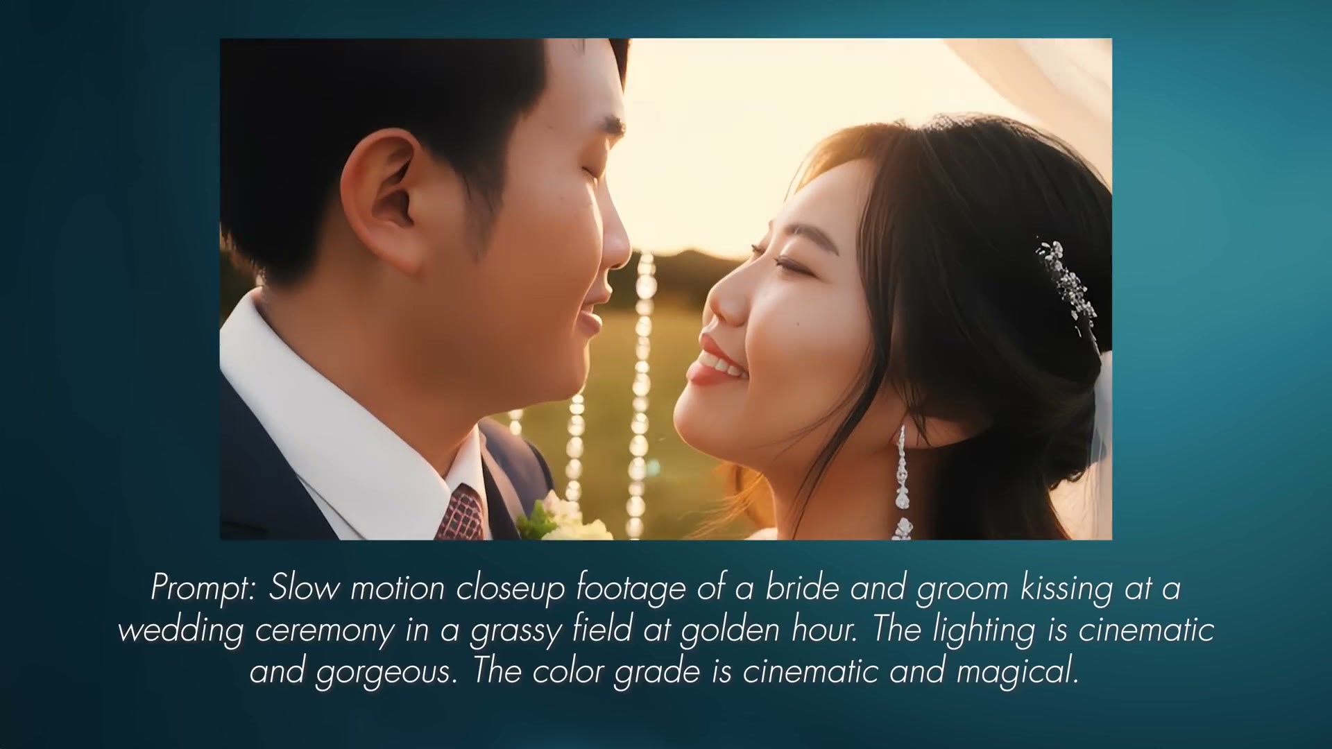 AI generated closeup of a bride and groom about to kiss, with the text prompt shown below