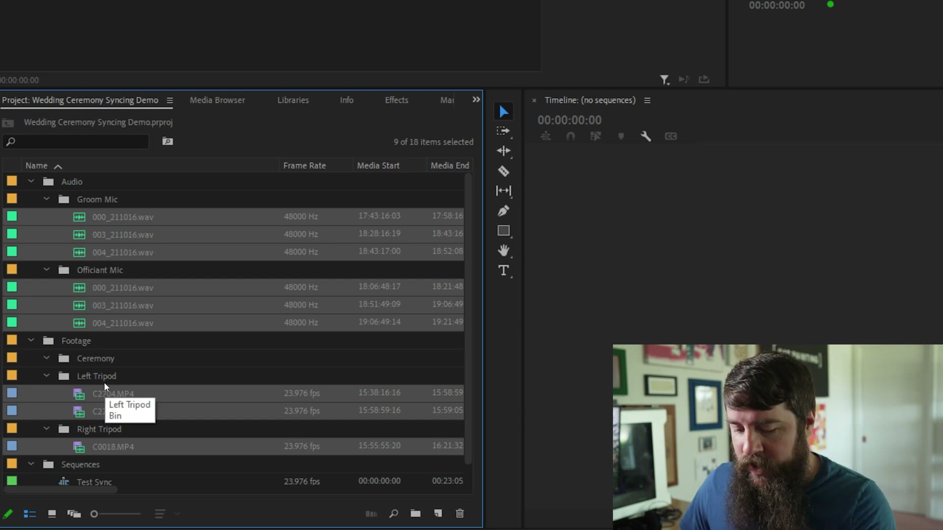 All ceremony audio and video clips pasted into one bin