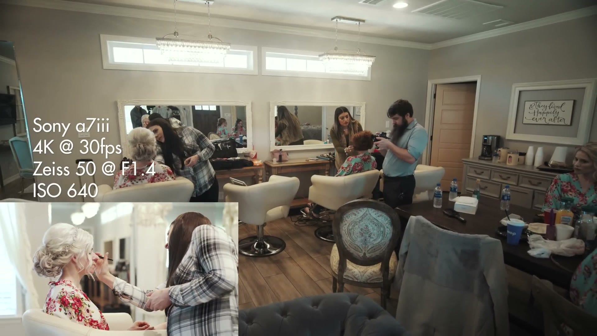 A bridal suite with the bride having her makeup done, Matt filming close beside her, and on-screen text reading Sony a7iii, 4K at 30fps, Zeiss 50 at F1.4, ISO 640.